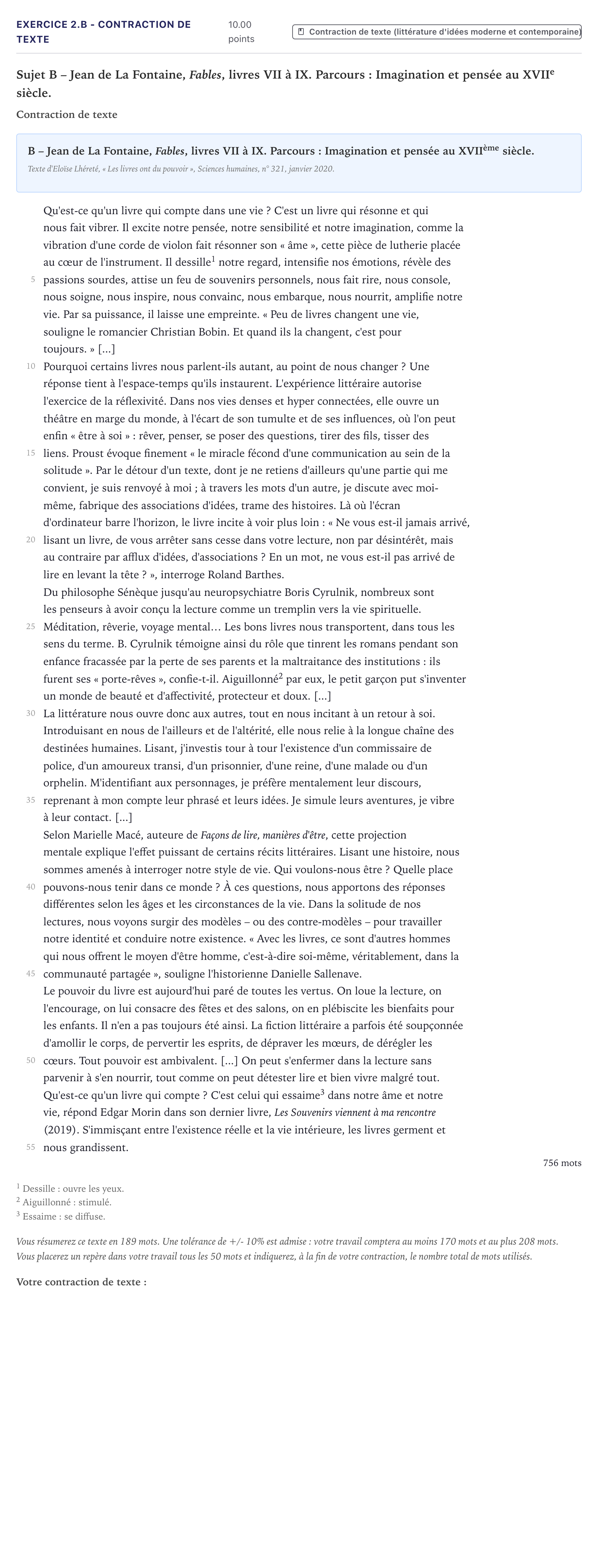 Énoncé: Exercice 2.B - Contraction de texte · Bac STMG Français Métropole 2021 (sujet 1)