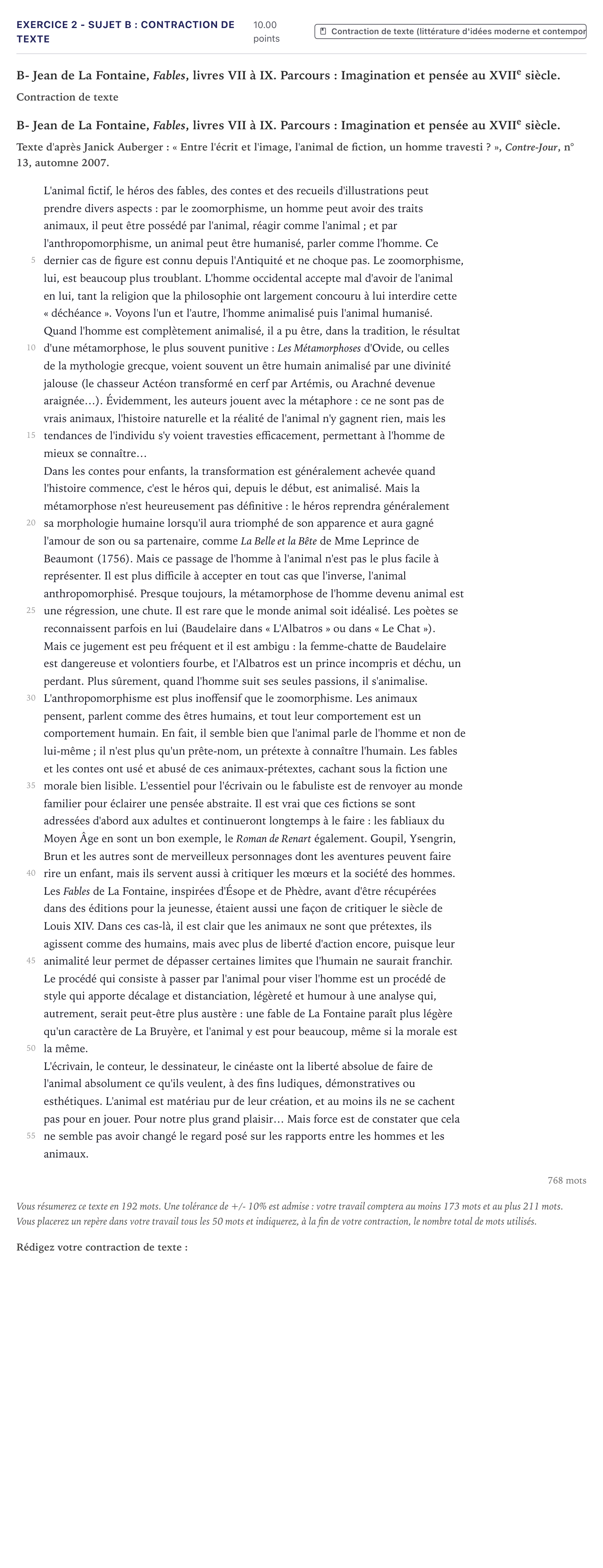 Énoncé: Exercice 2 - Sujet B : Contraction de texte · Bac STMG Français Métropole 2021 (sujet 2)