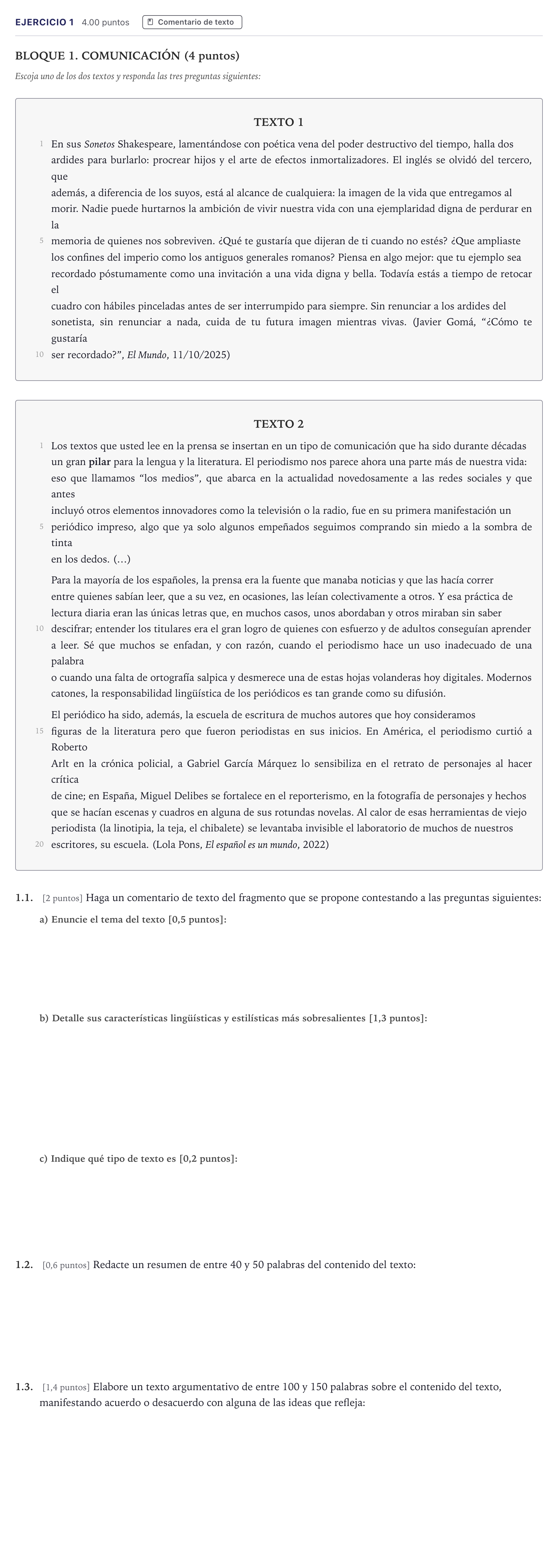 Enunciado: Problema 1 · Lengua Castellana y Literatura II PAU Madrid Ordinaria 2026