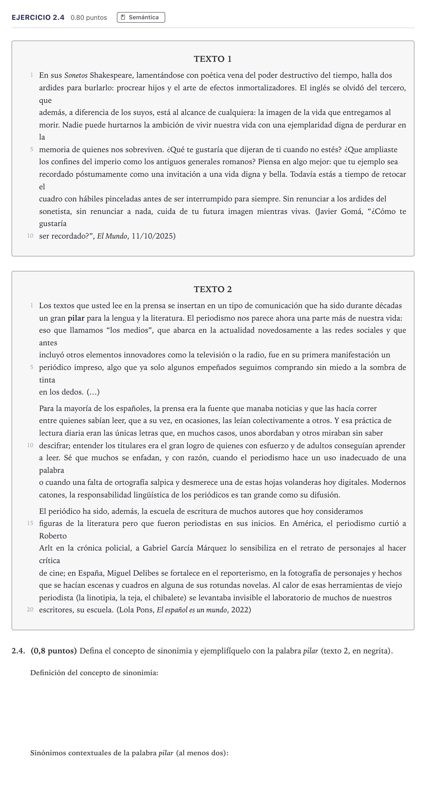 Enunciado: Ejercicio 2.4 · Lengua Castellana y Literatura II PAU Madrid Ordinaria 2026