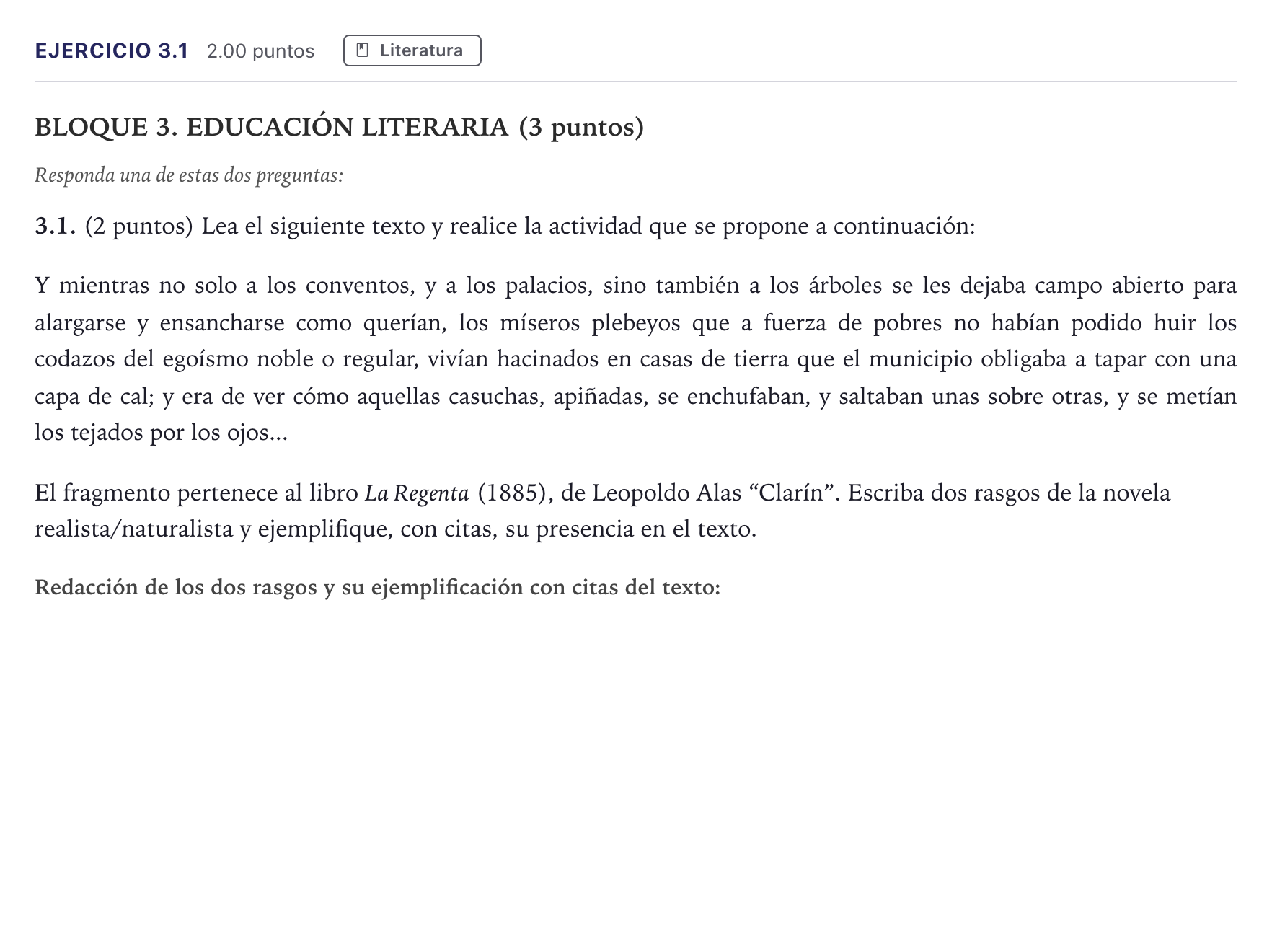 Enunciado: Ejercicio 3.1 · Lengua Castellana y Literatura II PAU Madrid Ordinaria 2026