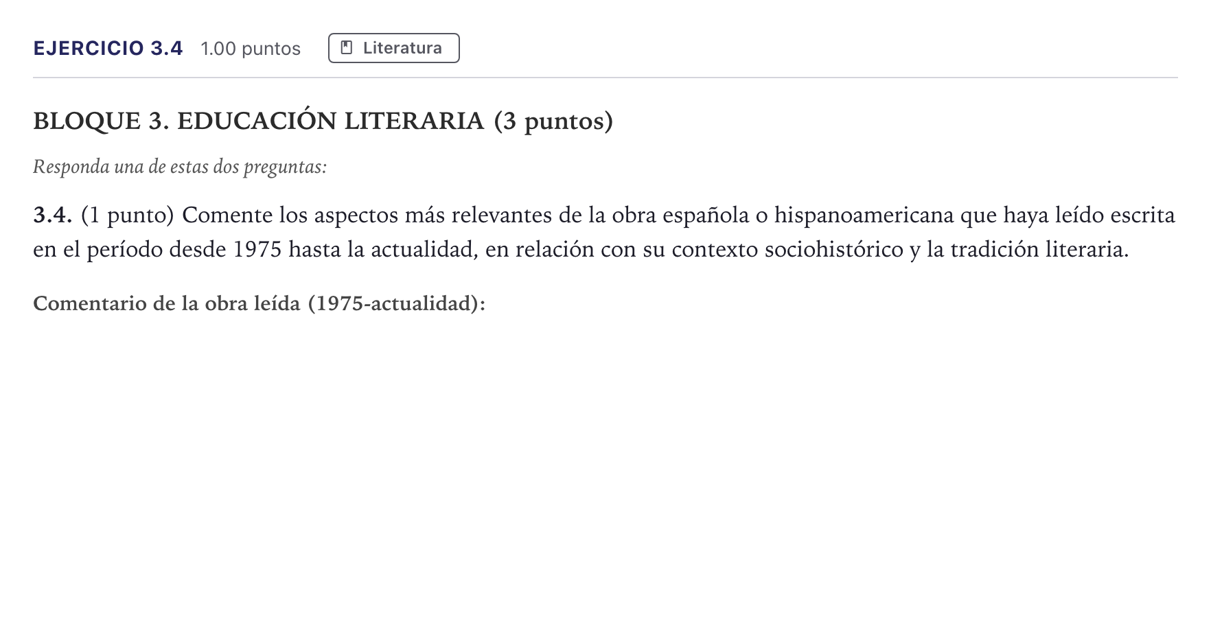 Enunciado: Ejercicio 3.4 · Lengua Castellana y Literatura II PAU Madrid Ordinaria 2026