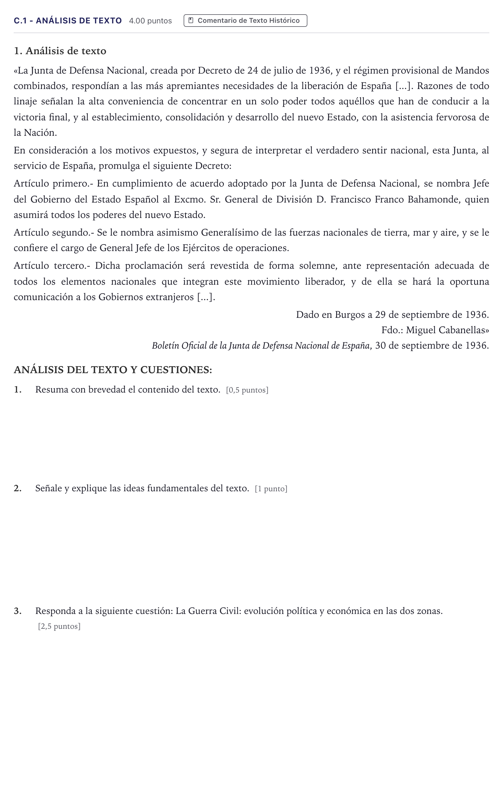 Enunciado: Ejercicio C.1 - Análisis de texto · Historia de España PAU Madrid Ordinaria 2026