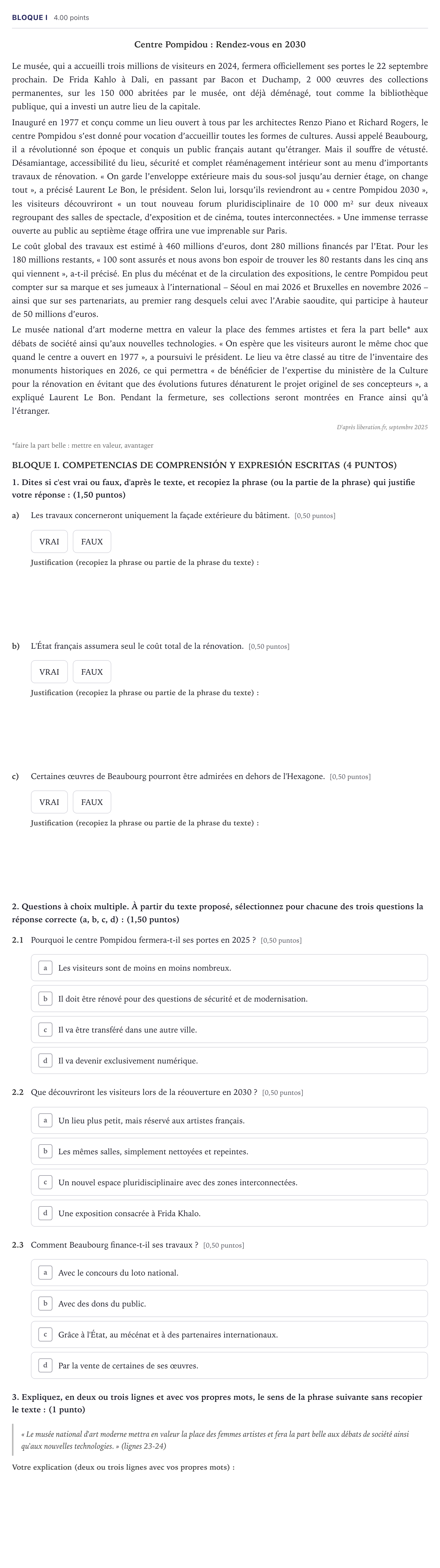 Enunciado: Bloque I · Francés PAU Madrid Ordinaria 12:00 2026