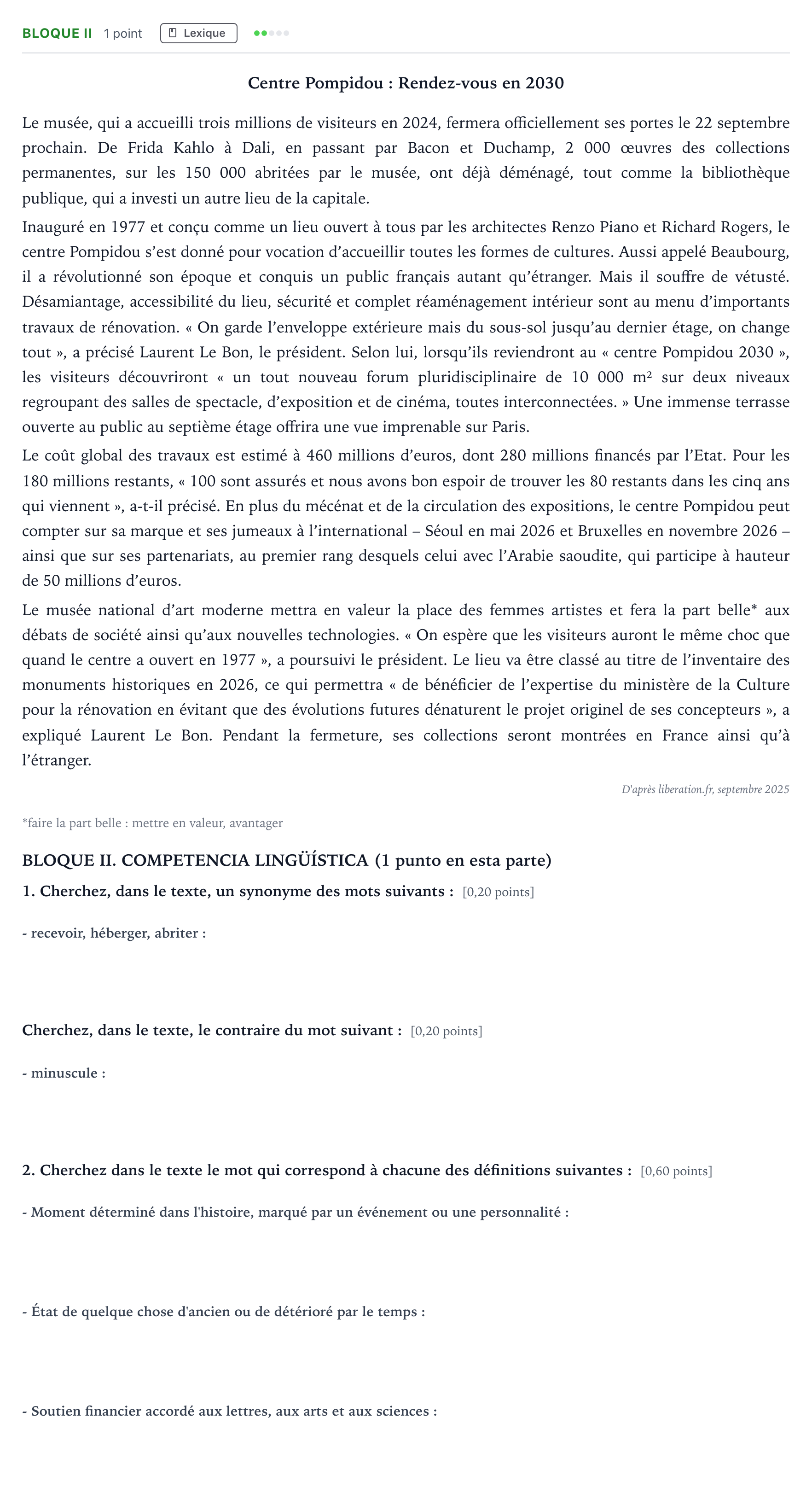 Enunciado: Bloque II · Francés PAU Madrid Ordinaria 12:00 2026
