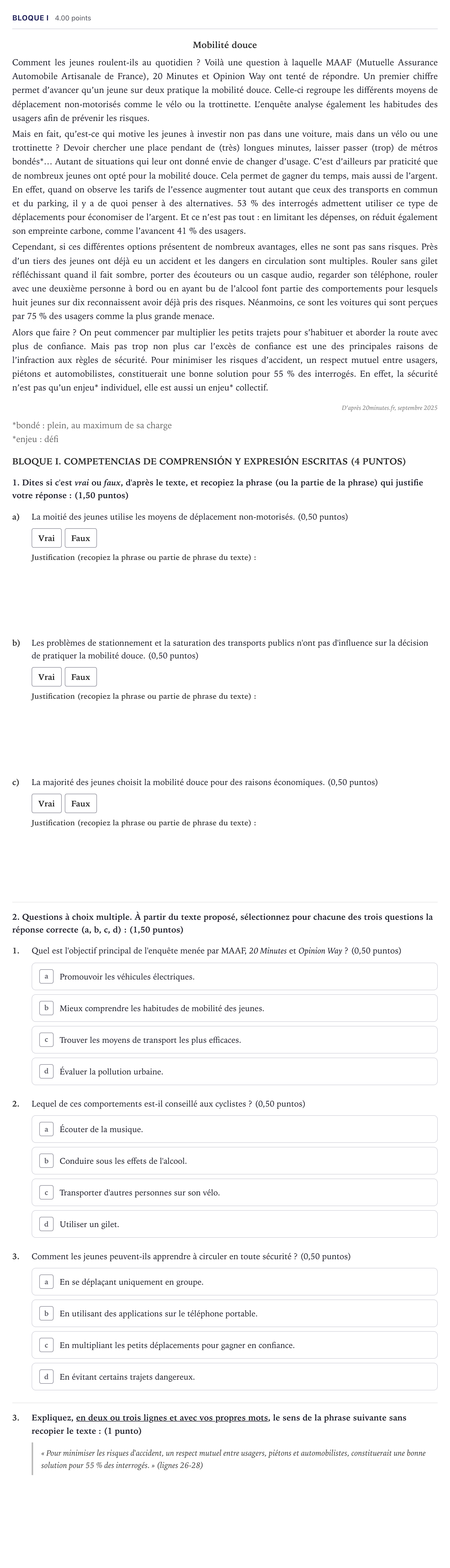 Enunciado: Bloque I · Francés PAU Madrid Ordinaria 9:30 2026