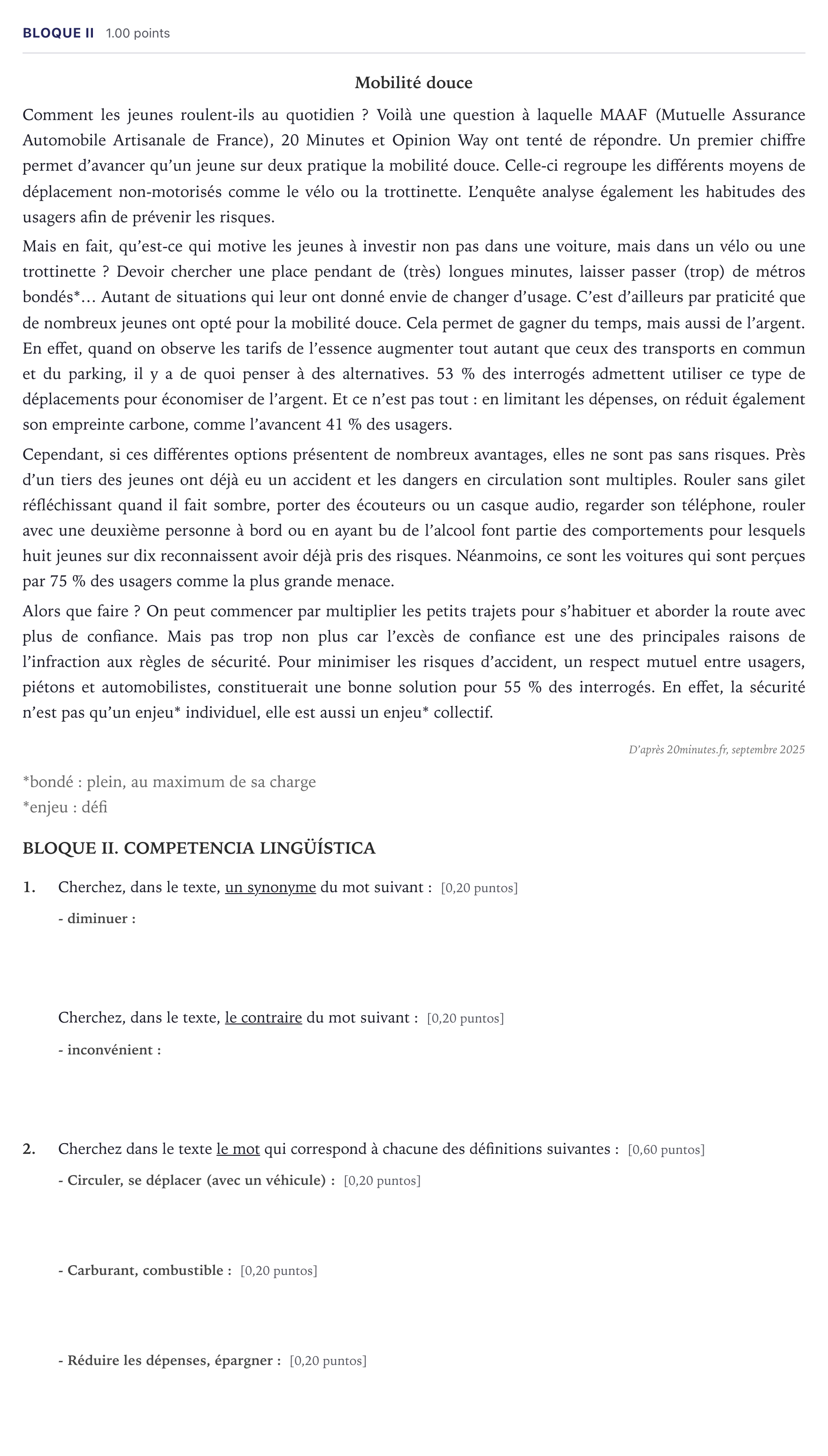 Enunciado: Bloque II · Francés PAU Madrid Ordinaria 9:30 2026