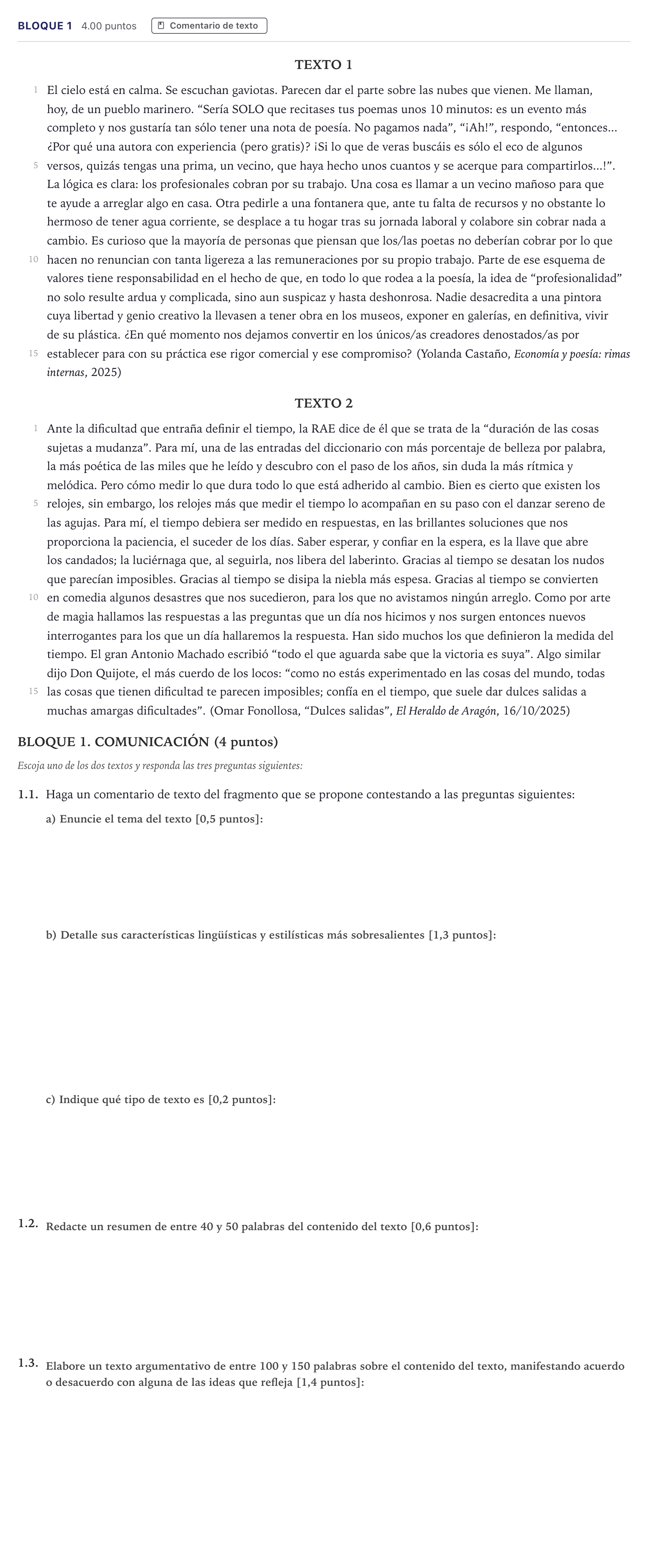 Enunciado: Bloque 1 · Lengua Castellana y Literatura II PAU Madrid Ordinaria 12:00 2026