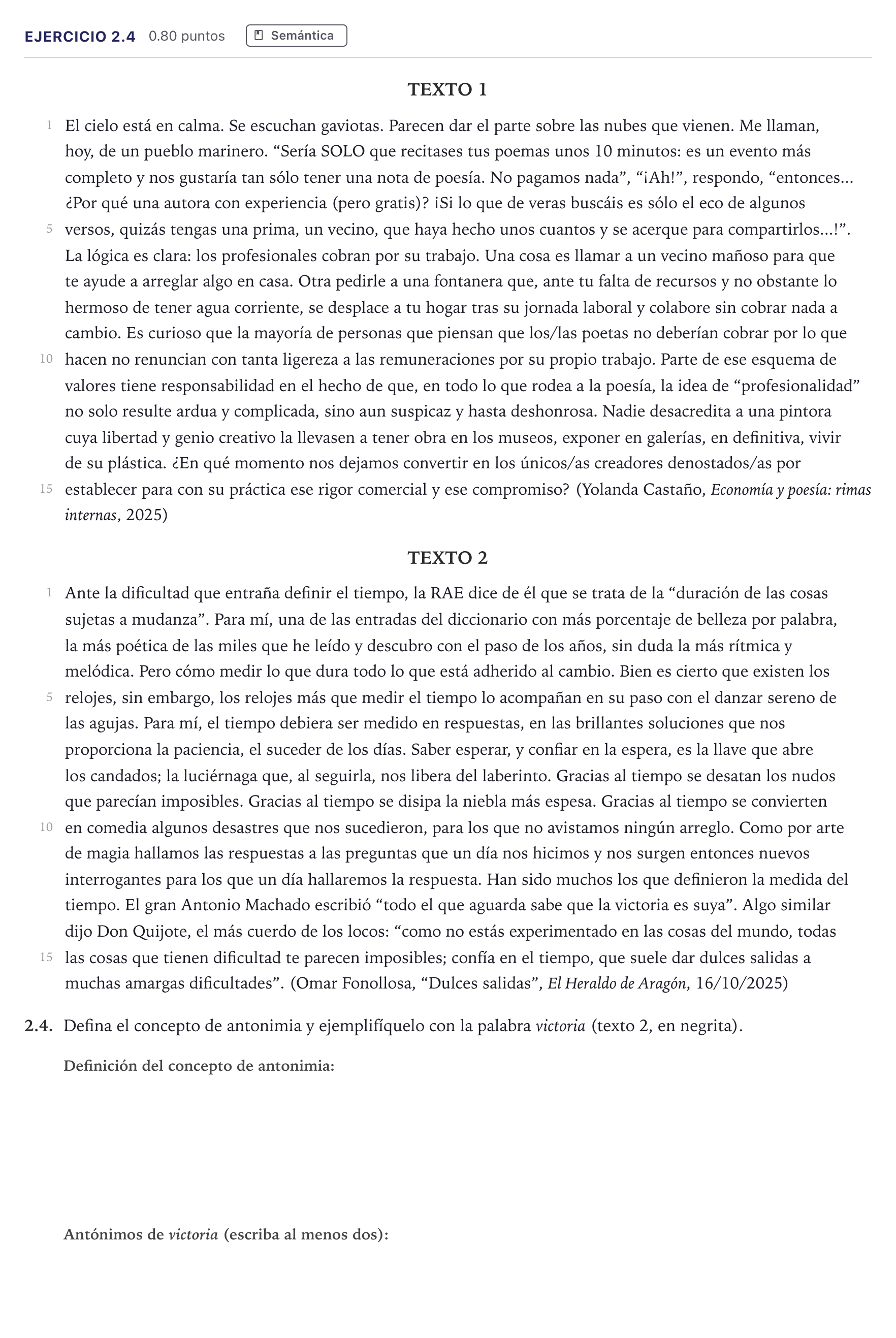 Enunciado: Ejercicio 2.4 · Lengua Castellana y Literatura II PAU Madrid Ordinaria 12:00 2026