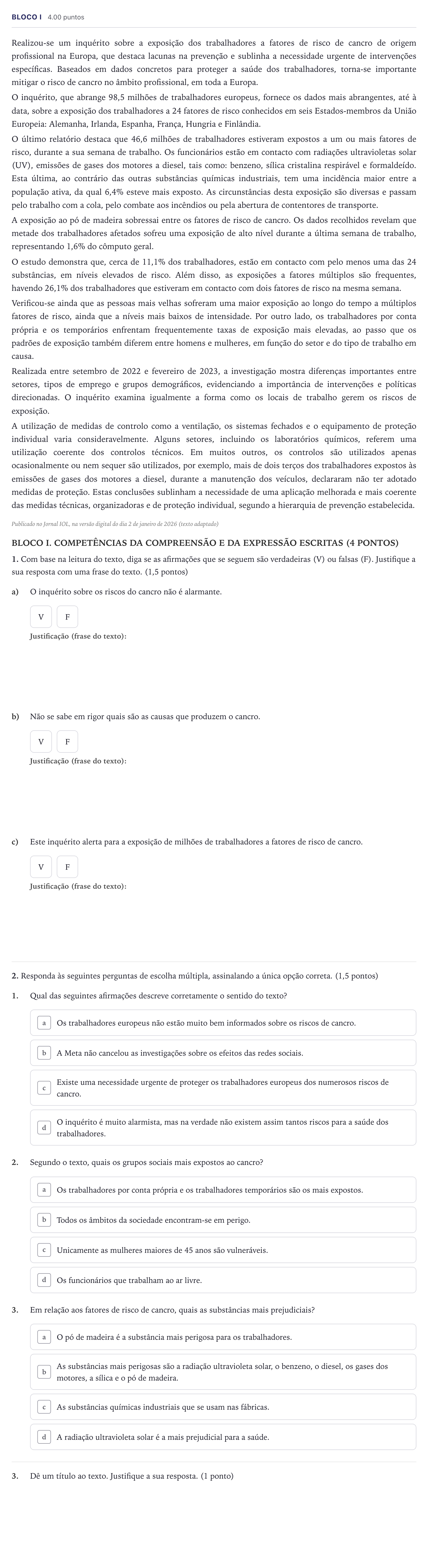 Enunciado: Ejercicio Bloco I · Portugués PAU Madrid Ordinaria 9:30 2026