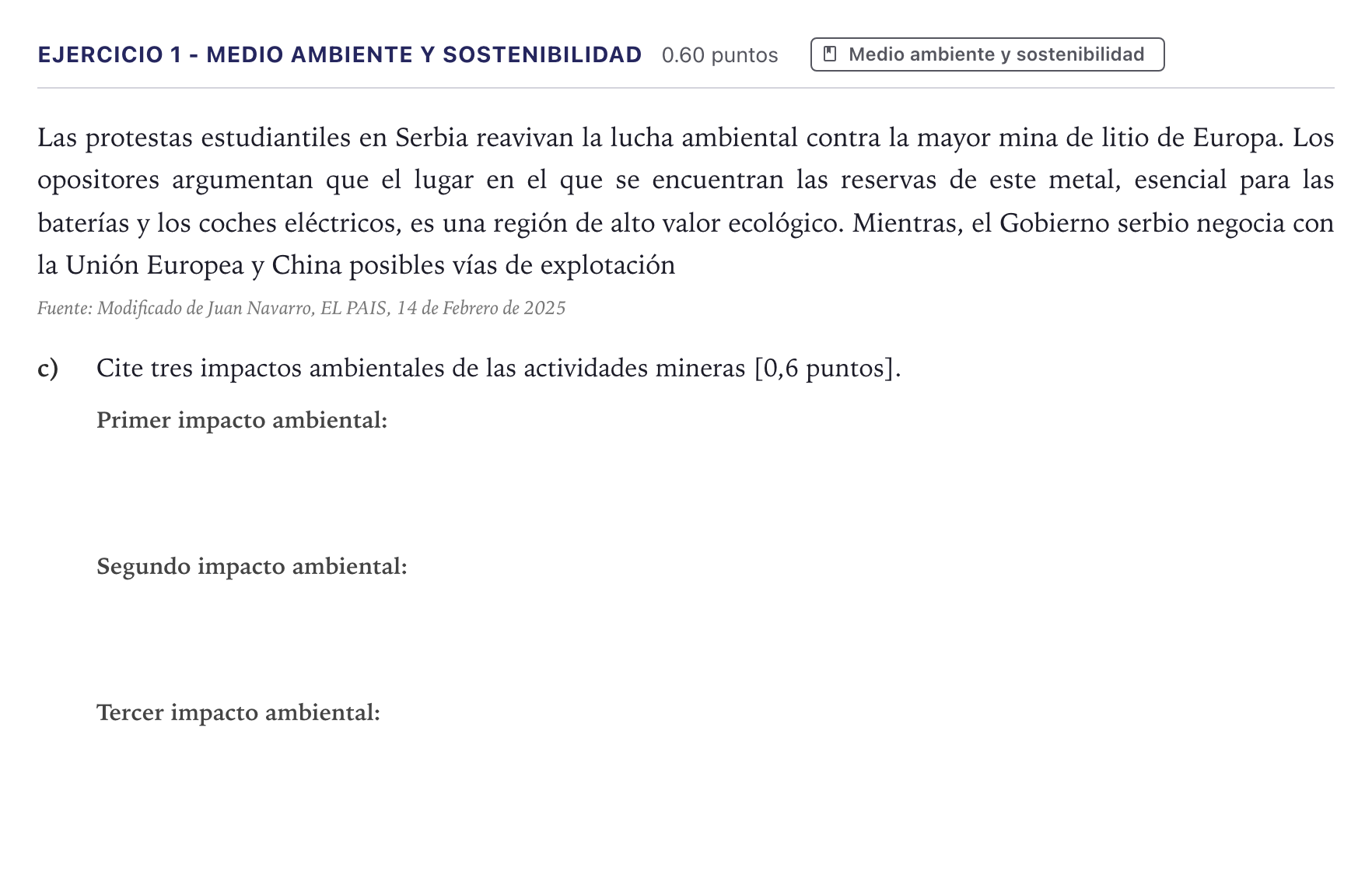 Enunciado: Ejercicio 1 - Medio ambiente y sostenibilidad · Ciencias Generales PAU Madrid Ordinaria Coincidencias 2026