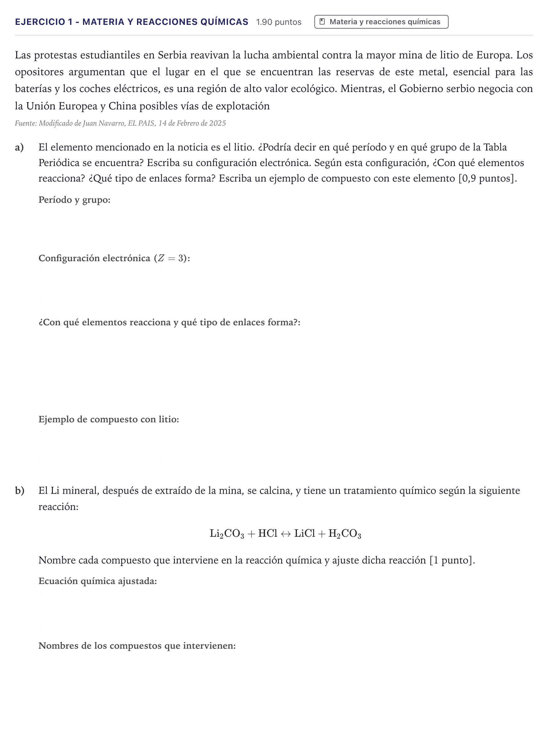 Enunciado: Ejercicio 1 - Materia y reacciones químicas · Ciencias Generales PAU Madrid Ordinaria Coincidencias 2026
