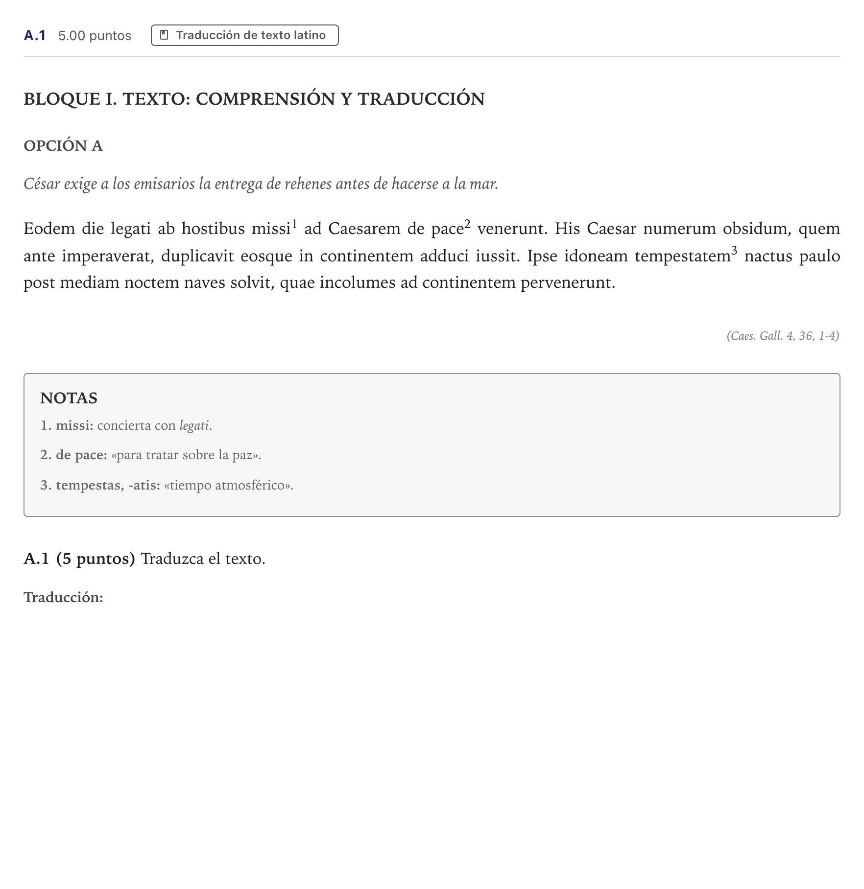 Enunciado: Ejercicio A.1 · Latín II PAU Madrid Ordinaria 2026