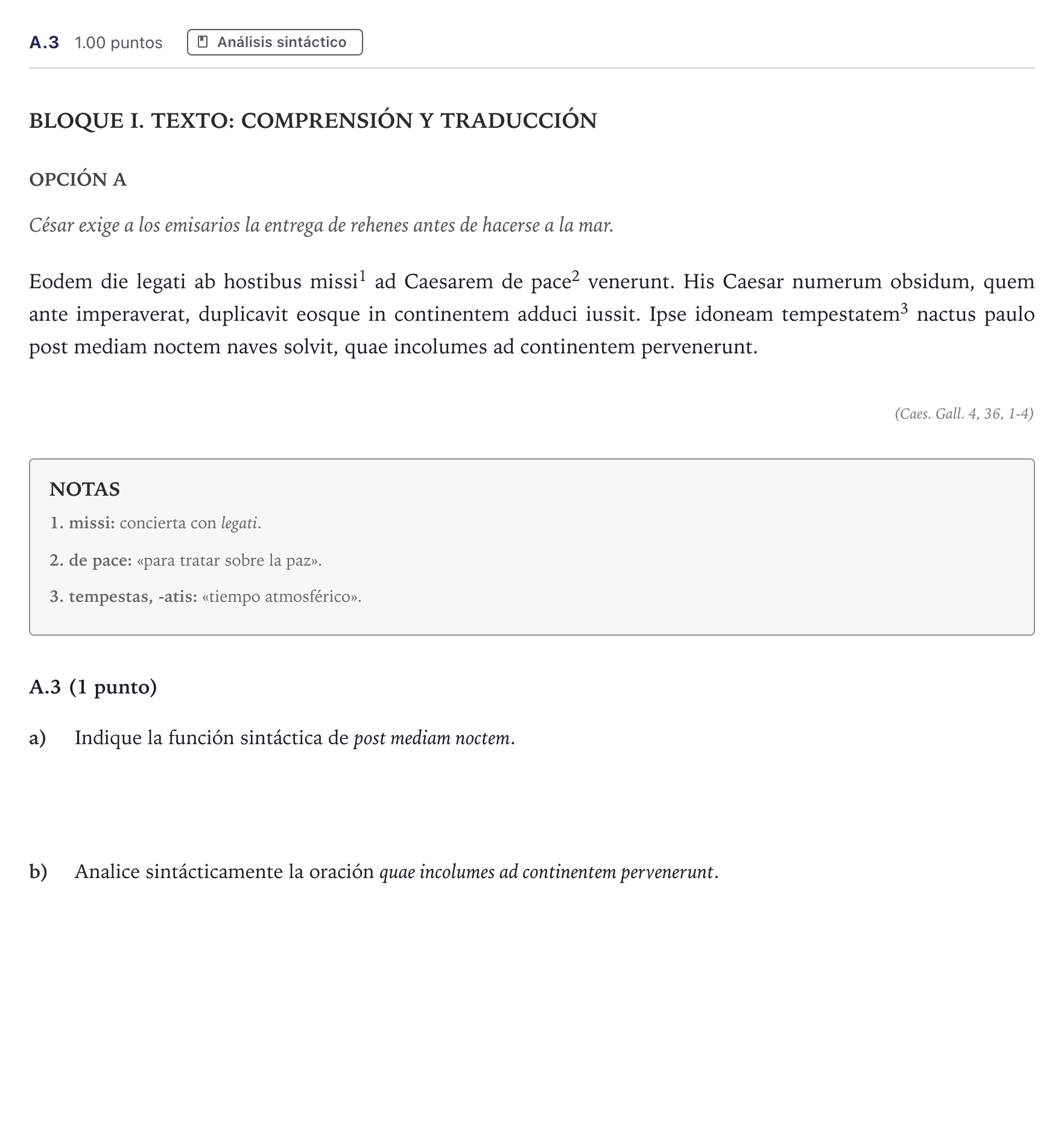 Enunciado: Ejercicio A.3 · Latín II PAU Madrid Ordinaria 2026