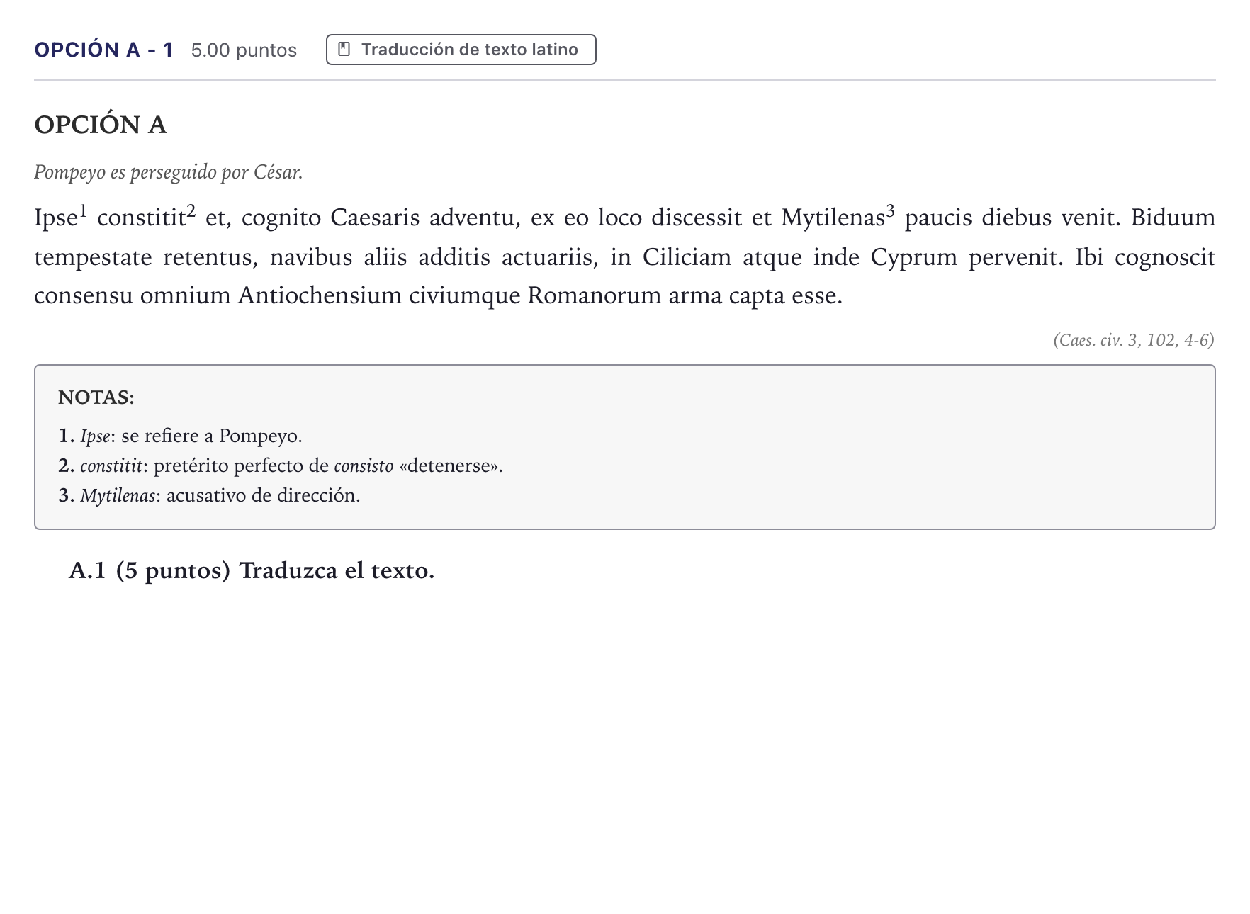 Enunciado: Opción A - 1 · Latín II PAU Madrid Ordinaria Coincidencias 2026