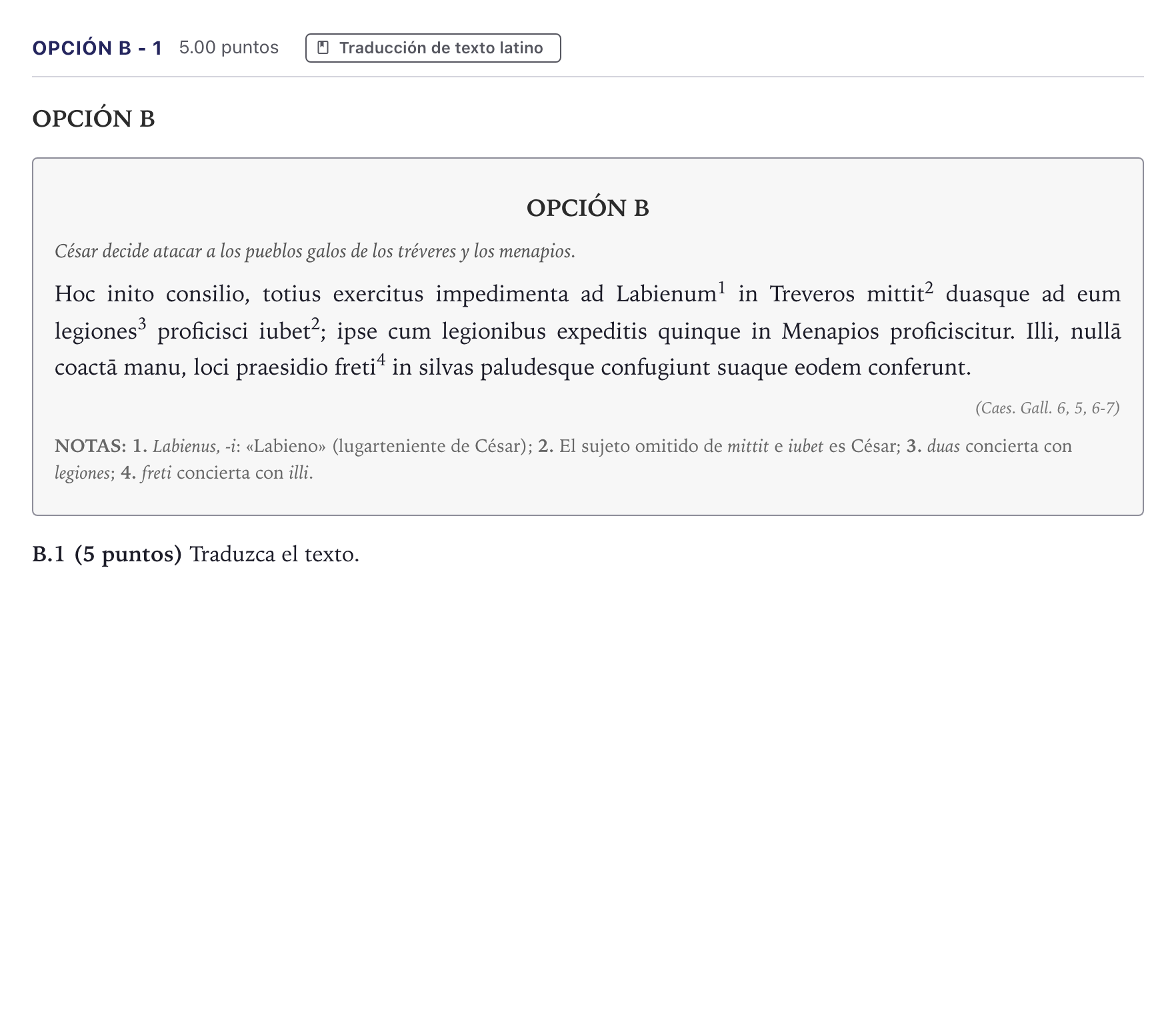 Enunciado: Opción B - 1 · Latín II PAU Madrid Ordinaria Coincidencias 2026