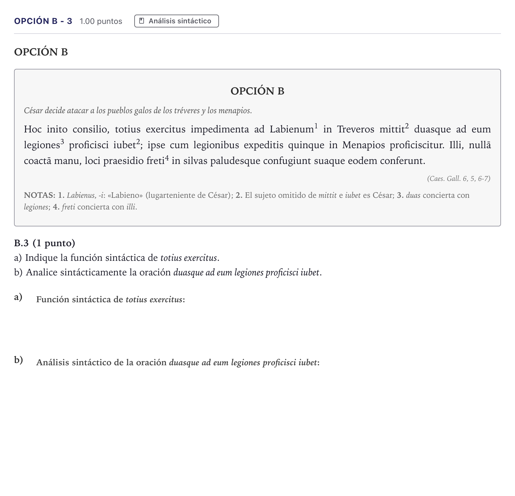 Enunciado: Opción B - 3 · Latín II PAU Madrid Ordinaria Coincidencias 2026