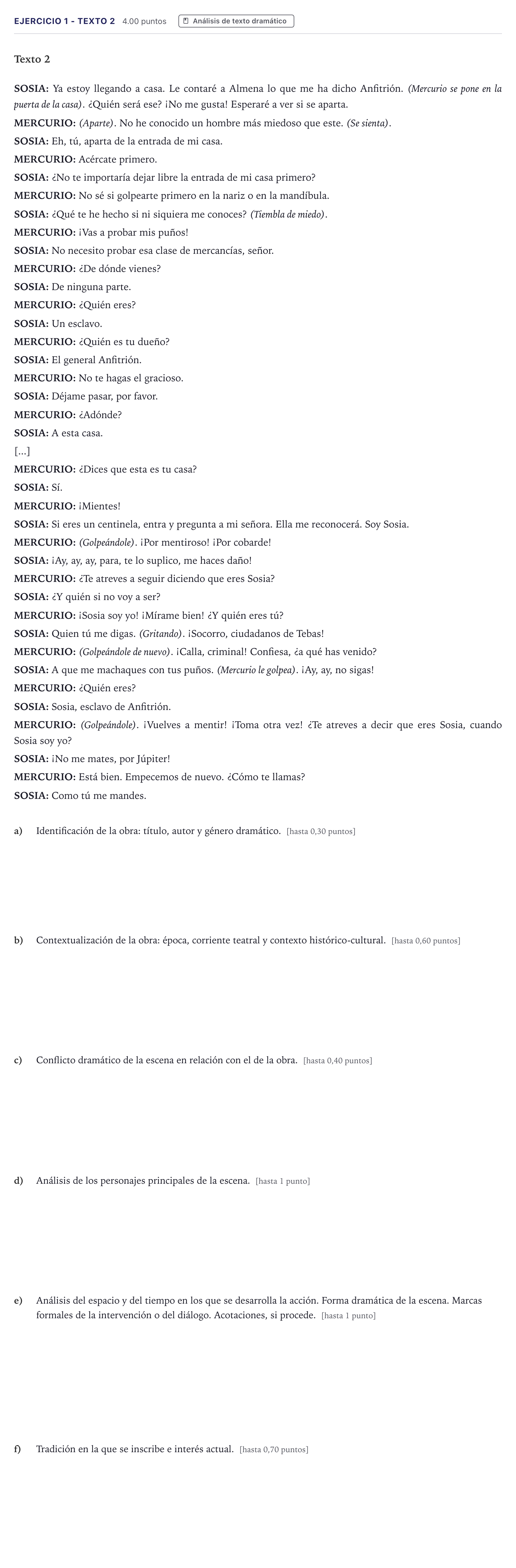 Enunciado: Ejercicio 1 - Texto 2 · Literatura Dramática PAU Madrid Ordinaria Coincidencias 2026
