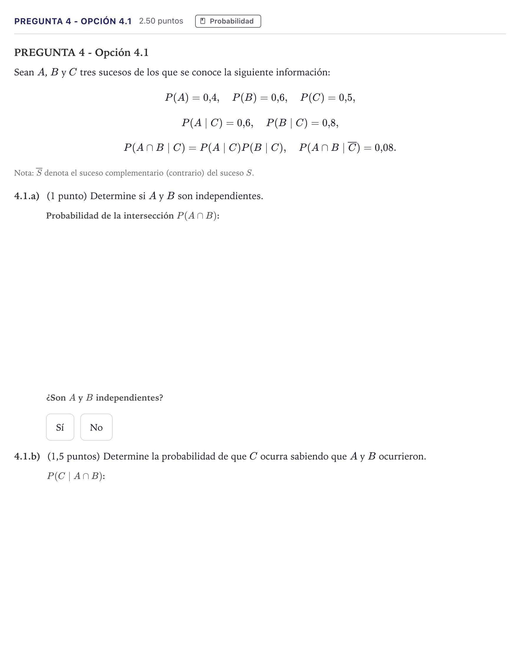 Enunciado: Pregunta 4 - Opción 4.1 · Matemáticas aplicadas a las Ciencias Sociales II PAU Madrid Ordinaria 2026