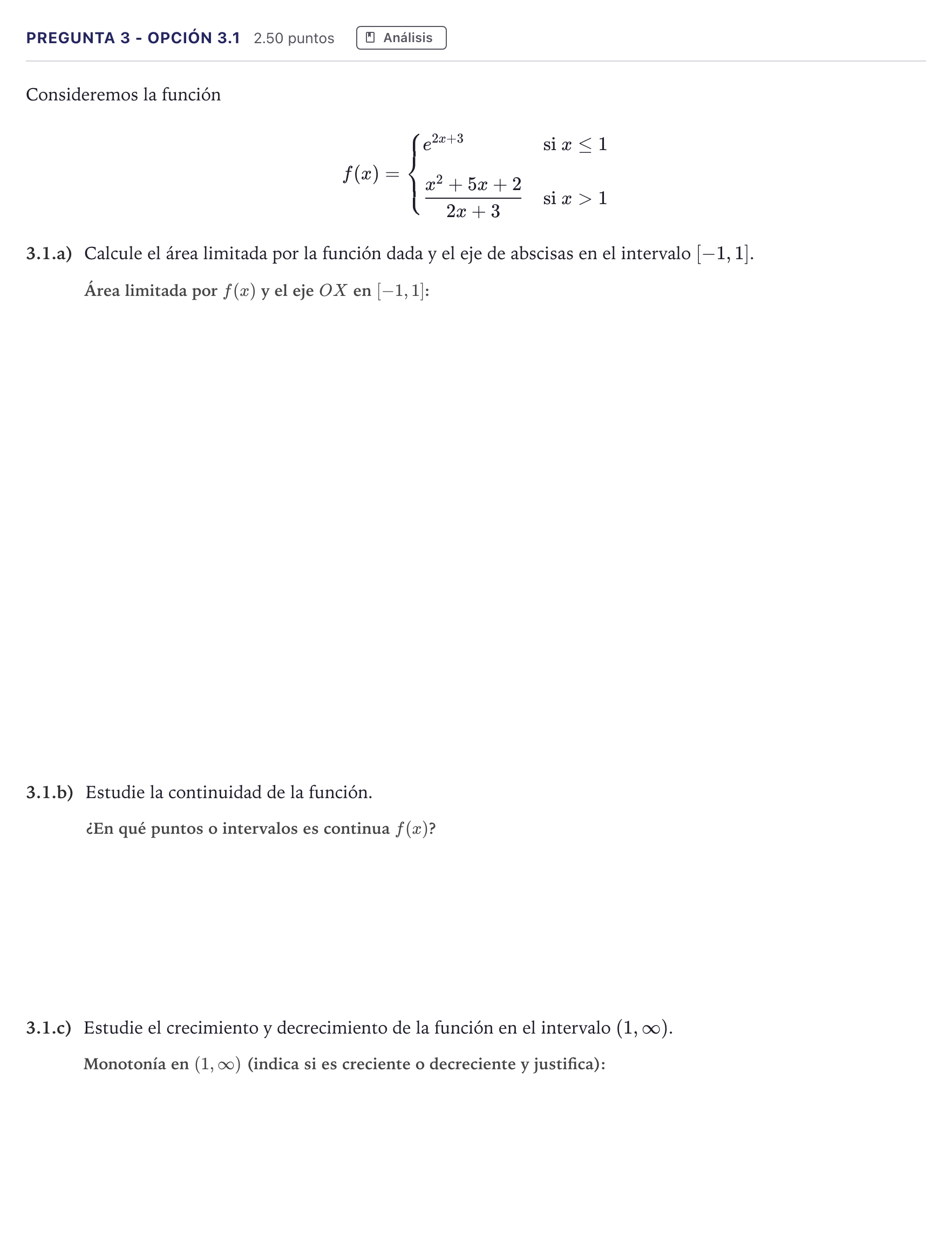 Enunciado: Pregunta 3 - Opción 3.1 · Matemáticas aplicadas a las Ciencias Sociales II PAU Madrid Ordinaria Coincidencias 2026