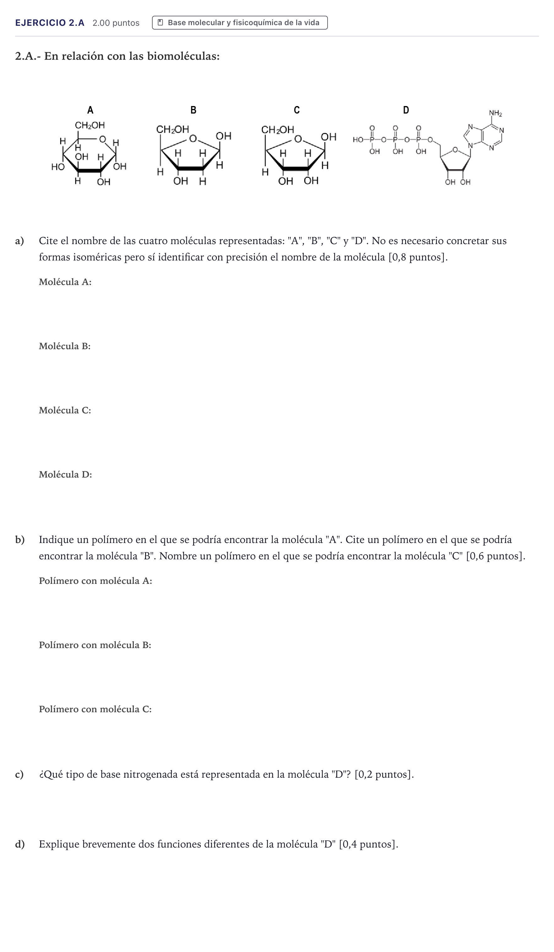 Enunciado: Ejercicio 2.A · Biología PAU Madrid Ordinaria 2026