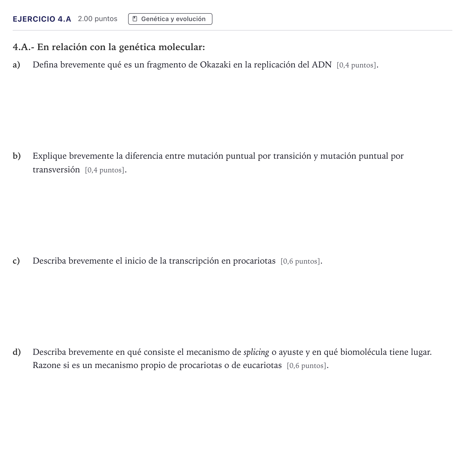Enunciado: Ejercicio 4.A · Biología PAU Madrid Ordinaria 2026