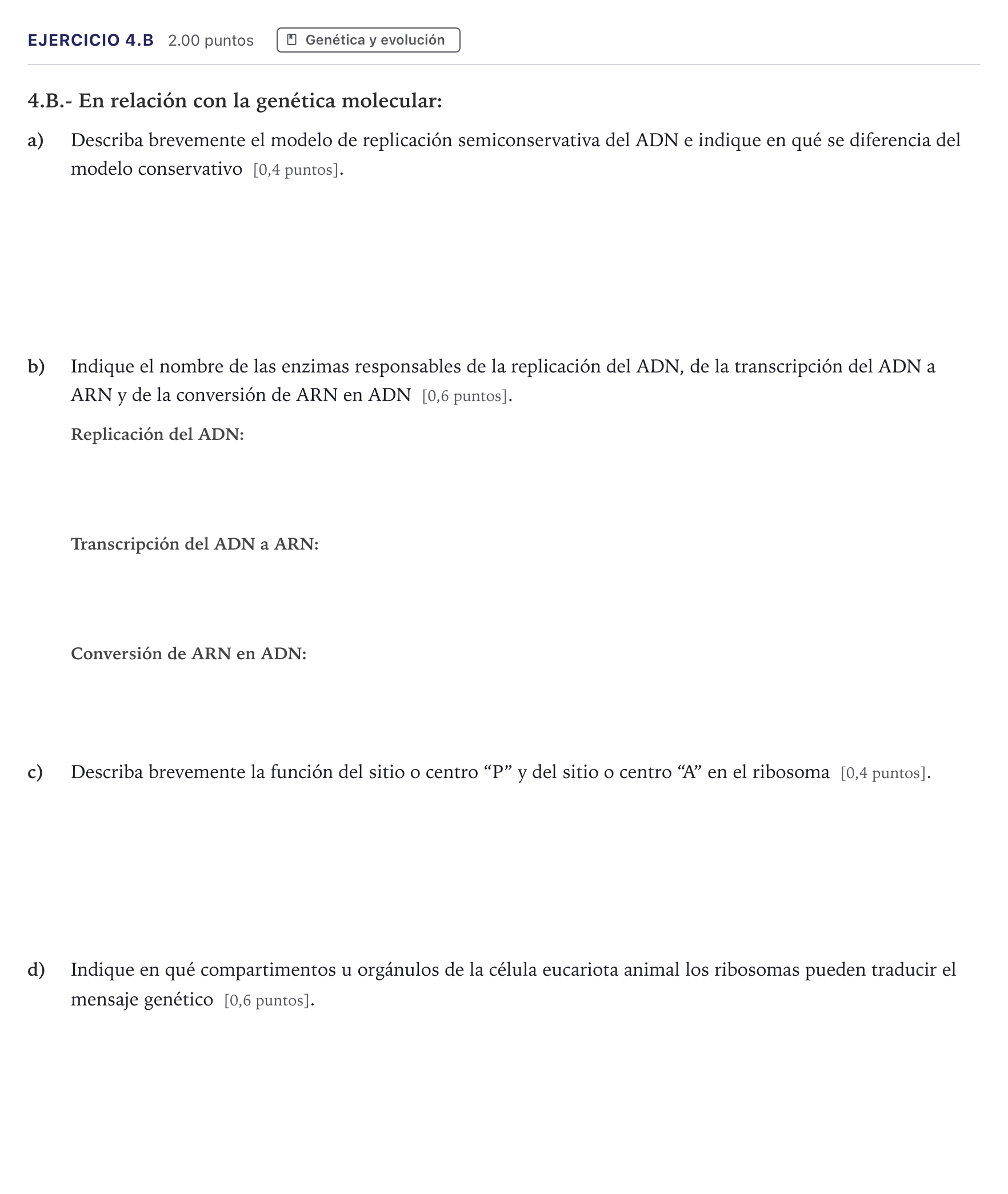 Enunciado: Ejercicio 4.B · Biología PAU Madrid Ordinaria 2026