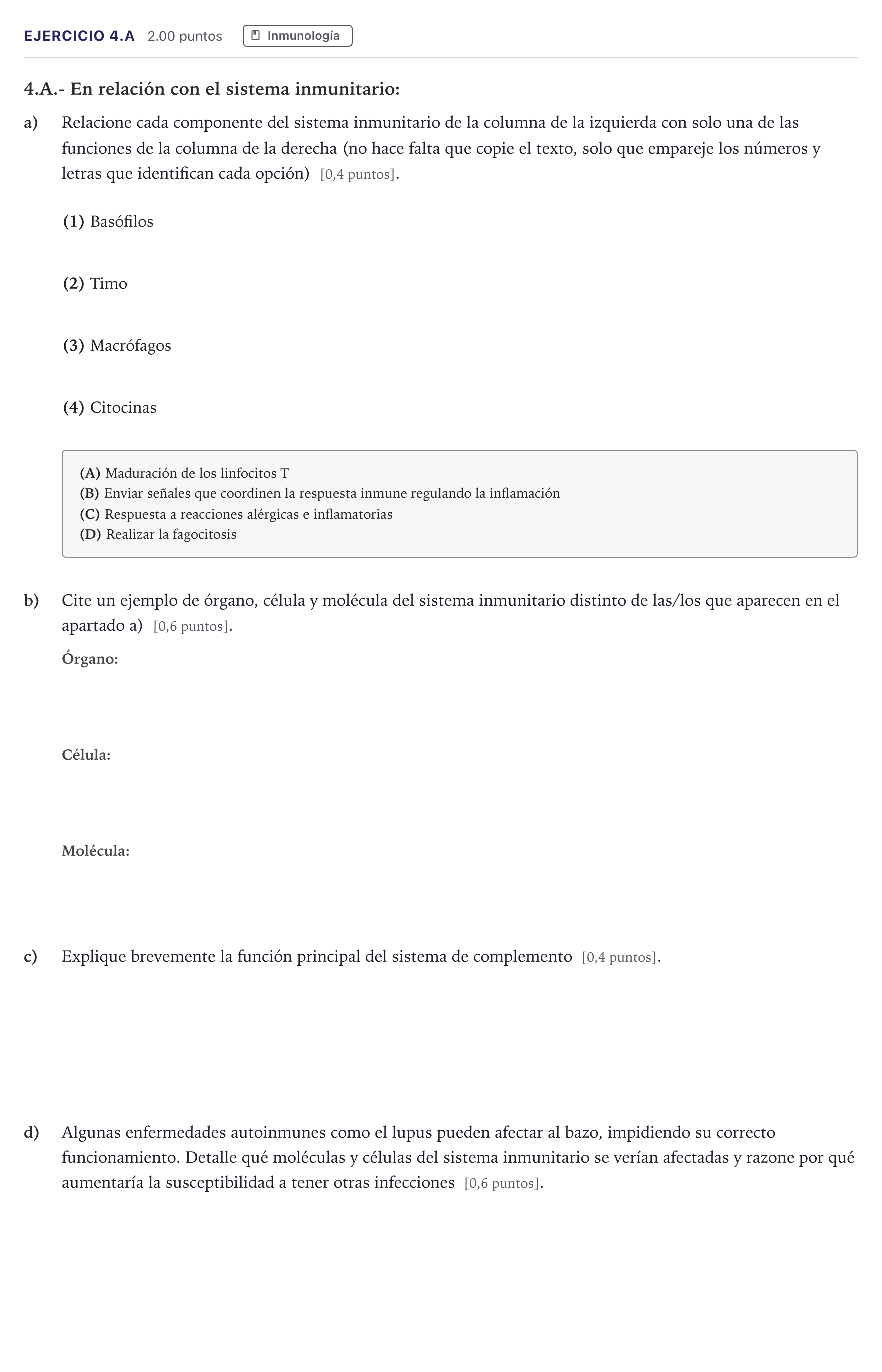 Enunciado: Ejercicio 4.A · Biología PAU Madrid Ordinaria Coincidencias 2026