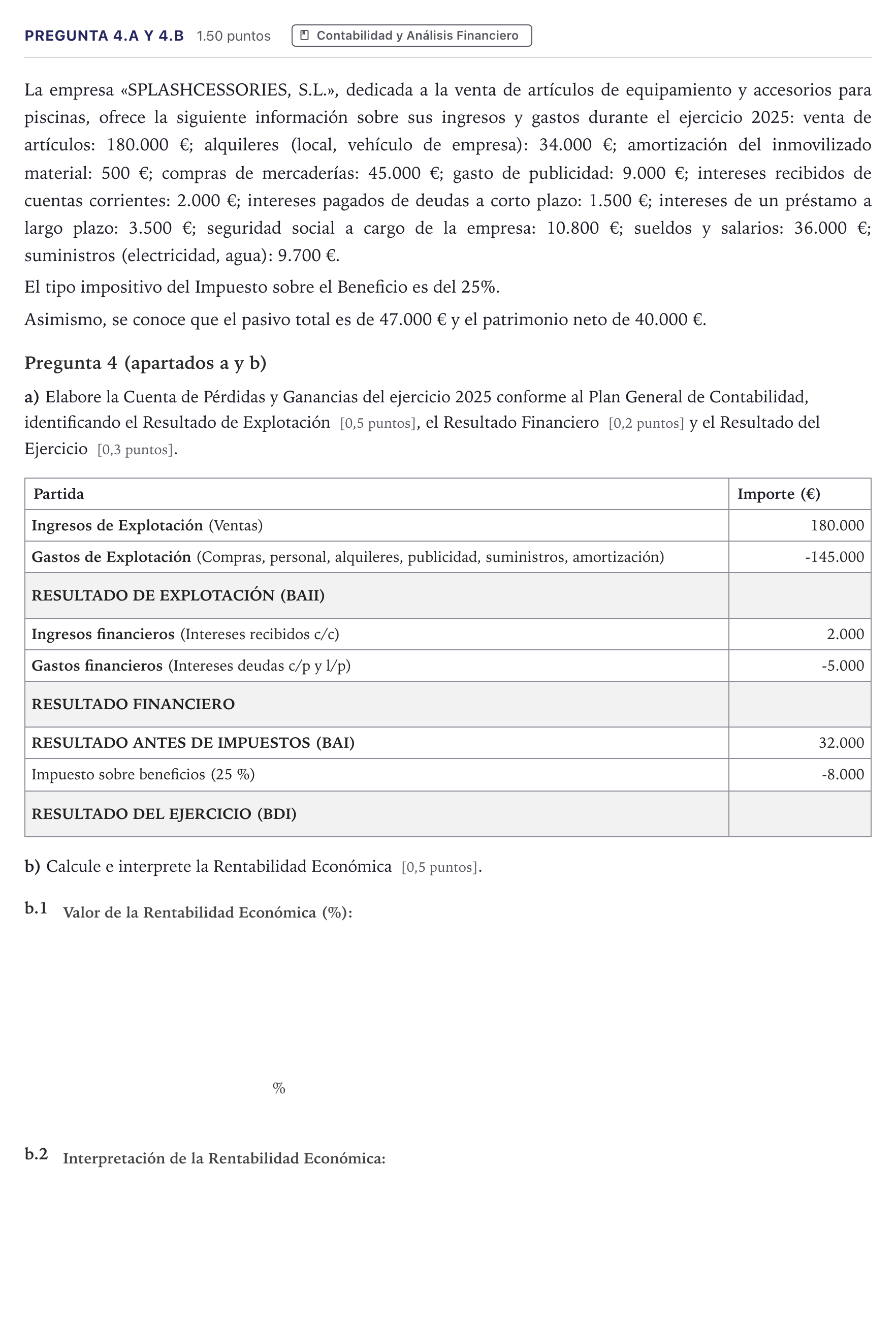Enunciado: Pregunta 4.a y 4.b · Empresa y Diseño de Modelos de Negocio PAU Madrid Ordinaria 2026