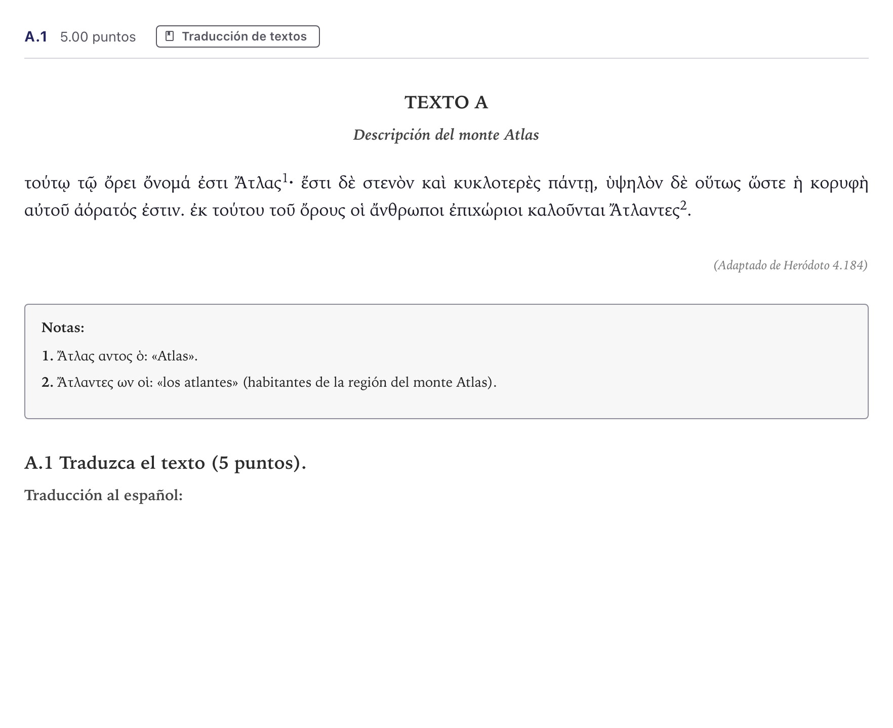 Enunciado: Ejercicio A.1 · Griego II PAU Madrid Ordinaria 2026