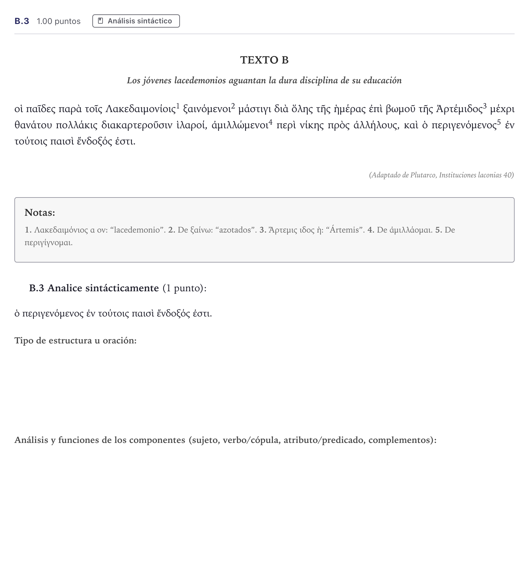 Enunciado: Ejercicio B.3 · Griego II PAU Madrid Ordinaria 2026