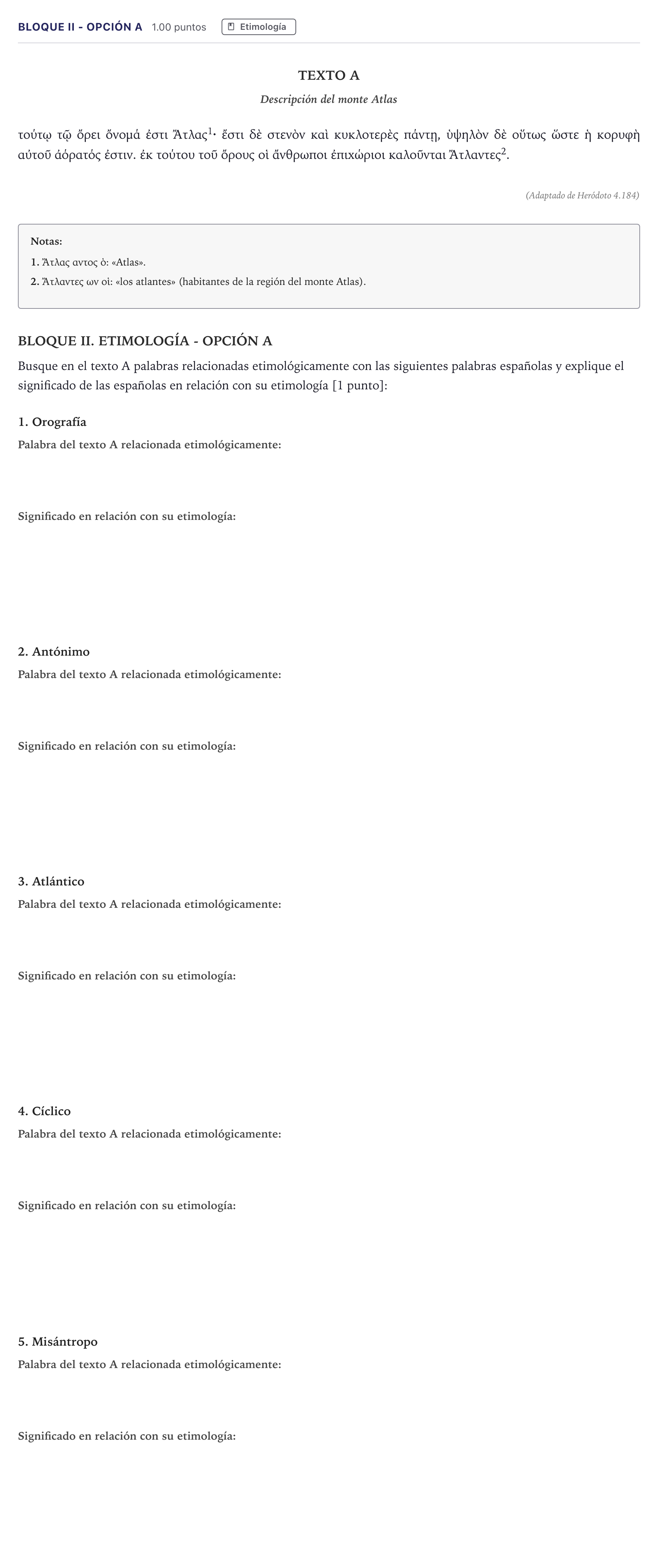 Enunciado: Bloque II - Opción A · Griego II PAU Madrid Ordinaria 2026