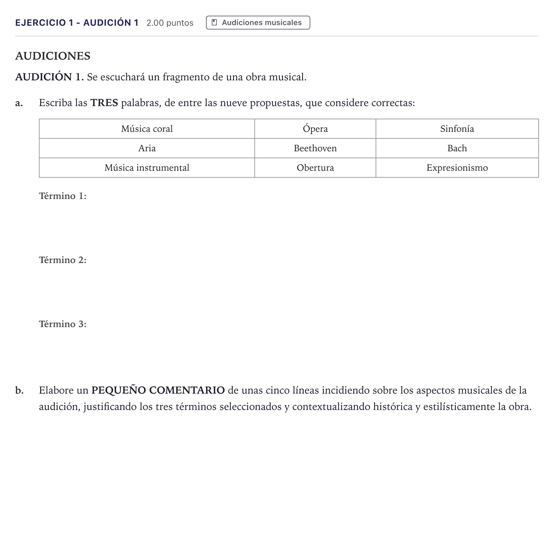Enunciado: Ejercicio 1 - Audición 1 · Historia de la Música y de la Danza PAU Madrid Ordinaria 2026