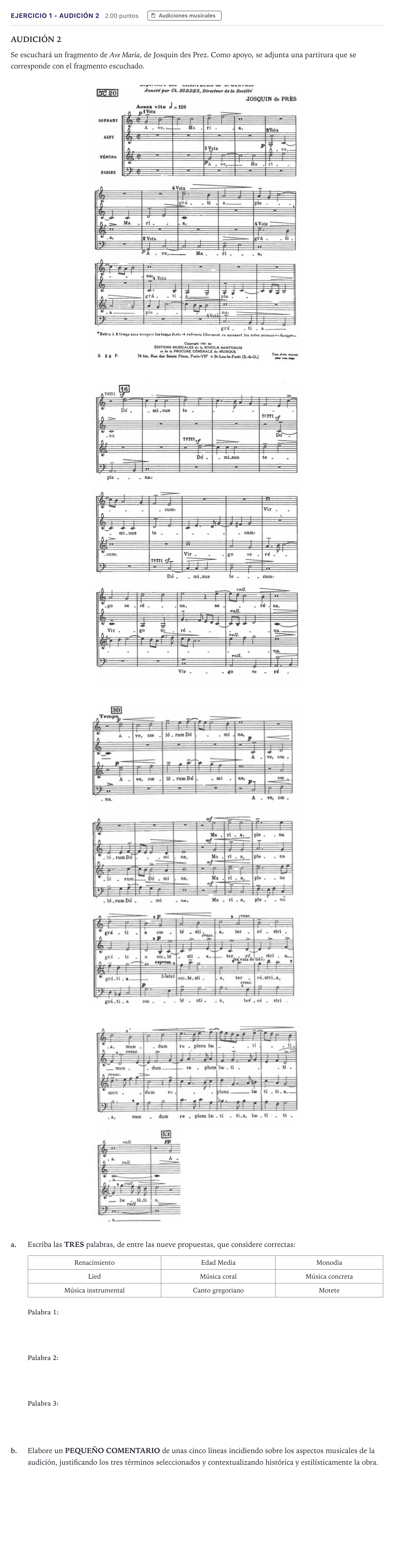 Enunciado: Ejercicio 1 - Audición 2 · Historia de la Música y de la Danza PAU Madrid Ordinaria 2026