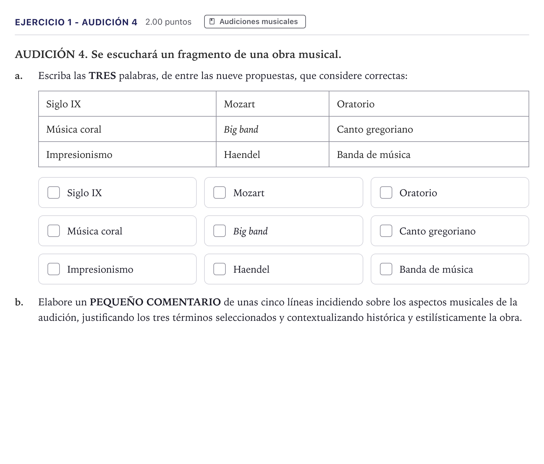 Enunciado: Ejercicio 1 - Audición 4 · Historia de la Música y de la Danza PAU Madrid Ordinaria 2026