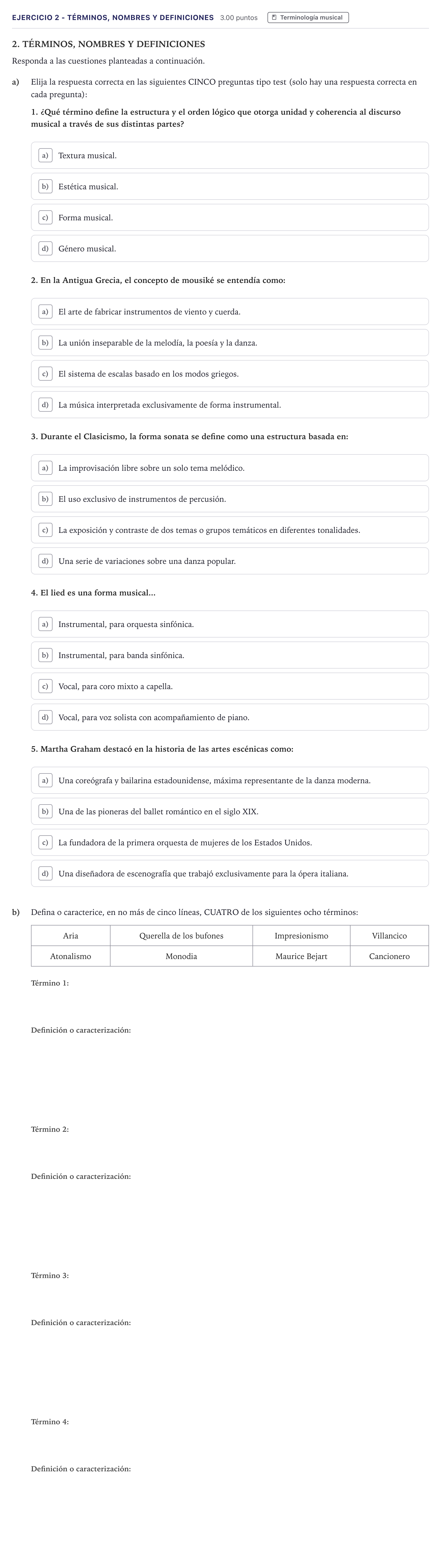 Enunciado: Ejercicio 2 - Términos, nombres y definiciones · Historia de la Música y de la Danza PAU Madrid Ordinaria 2026
