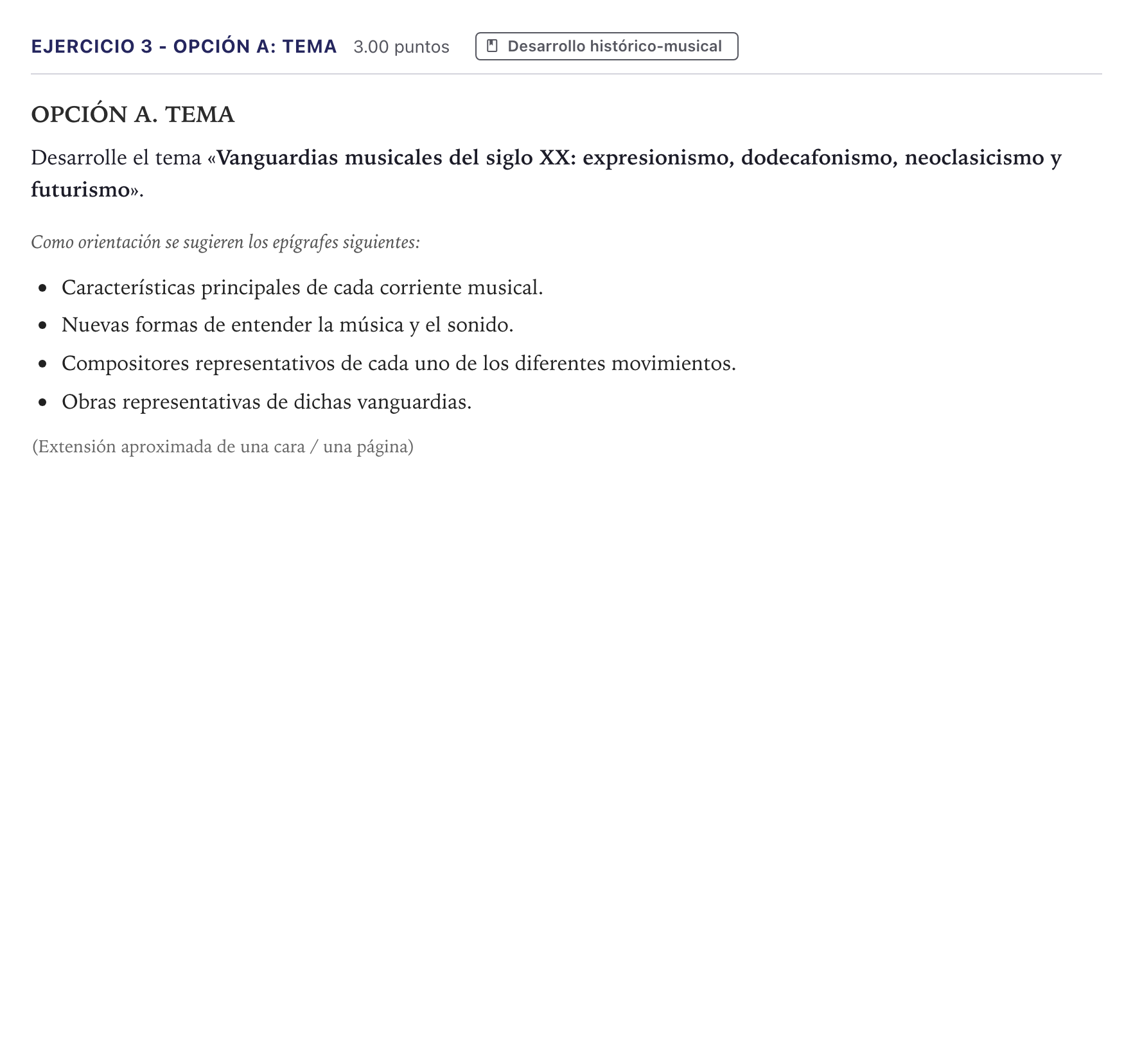 Enunciado: Ejercicio 3 - Opción A: Tema · Historia de la Música y de la Danza PAU Madrid Ordinaria 2026