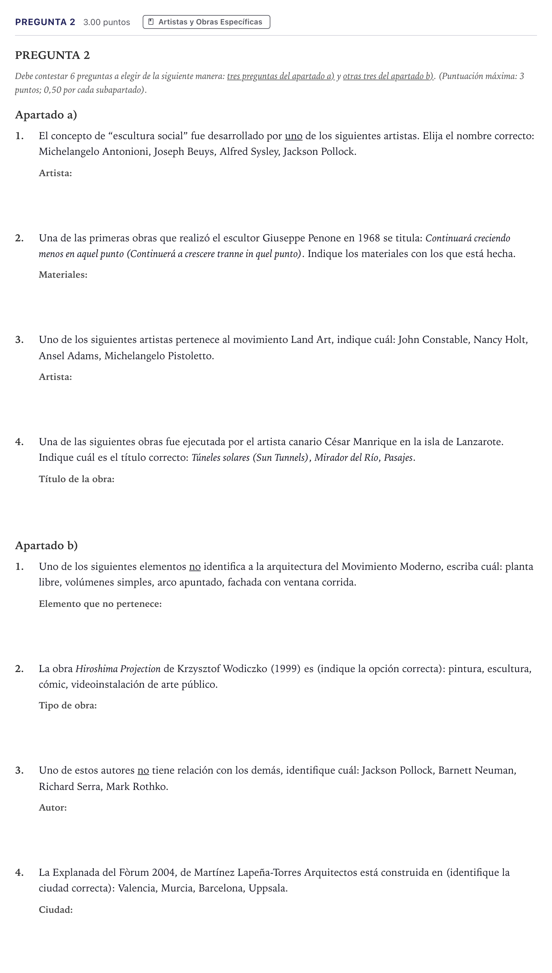 Enunciado: Pregunta 2 · Movimientos Culturales y Artísticos PAU Madrid Ordinaria 2026