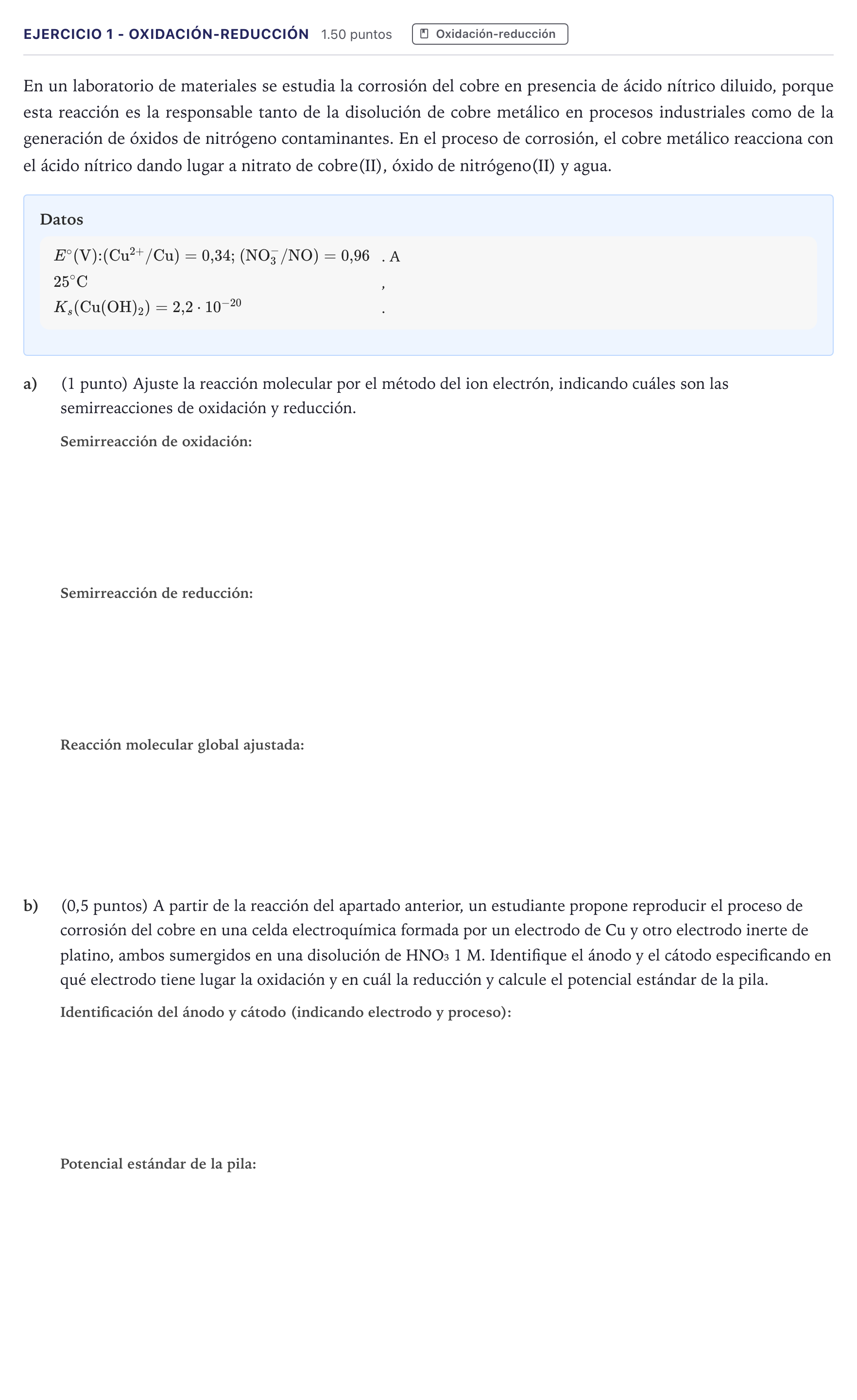 Enunciado: Ejercicio 1 - Oxidación-reducción · Química PAU Madrid Ordinaria 2026