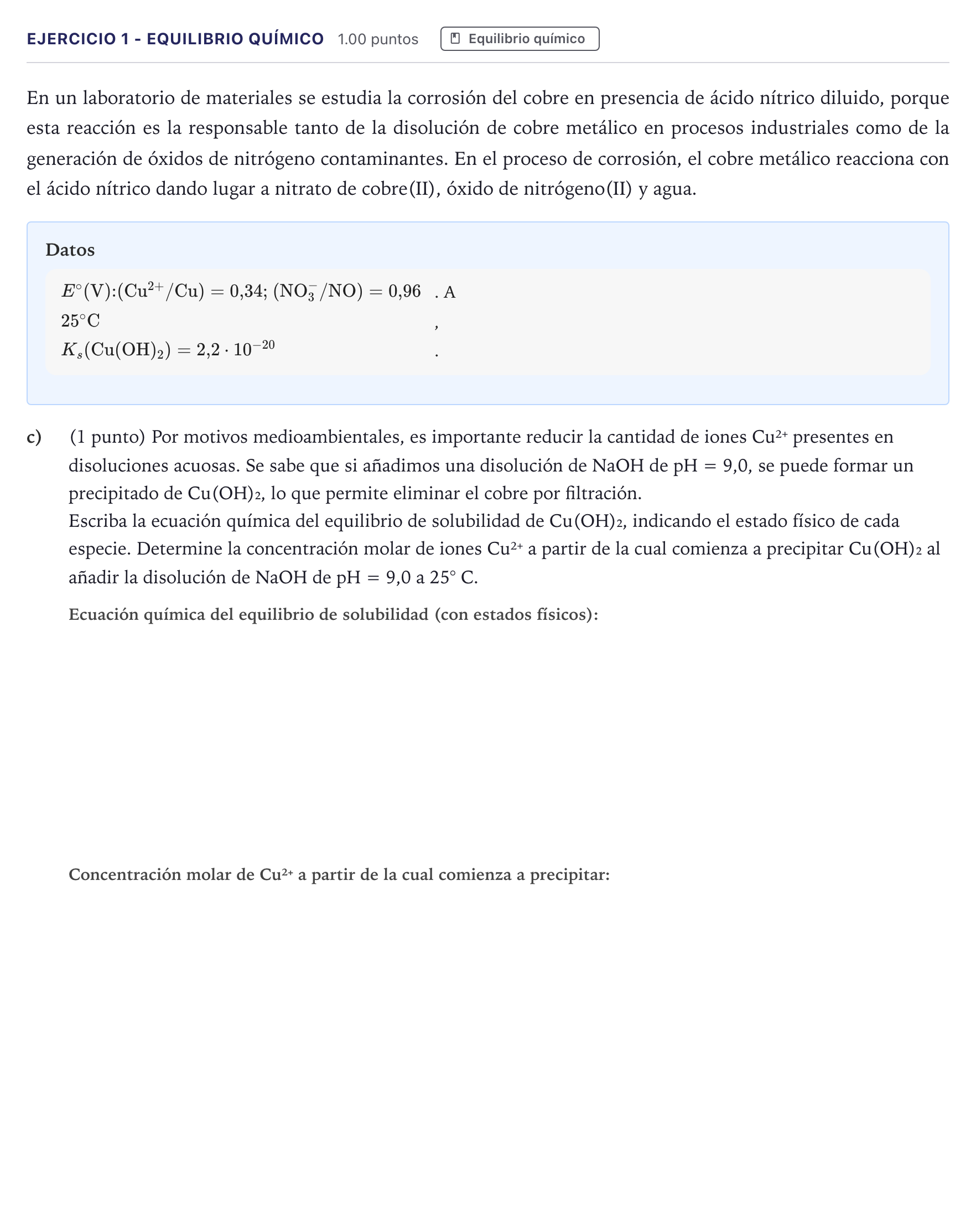 Enunciado: Ejercicio 1 - Equilibrio químico · Química PAU Madrid Ordinaria 2026