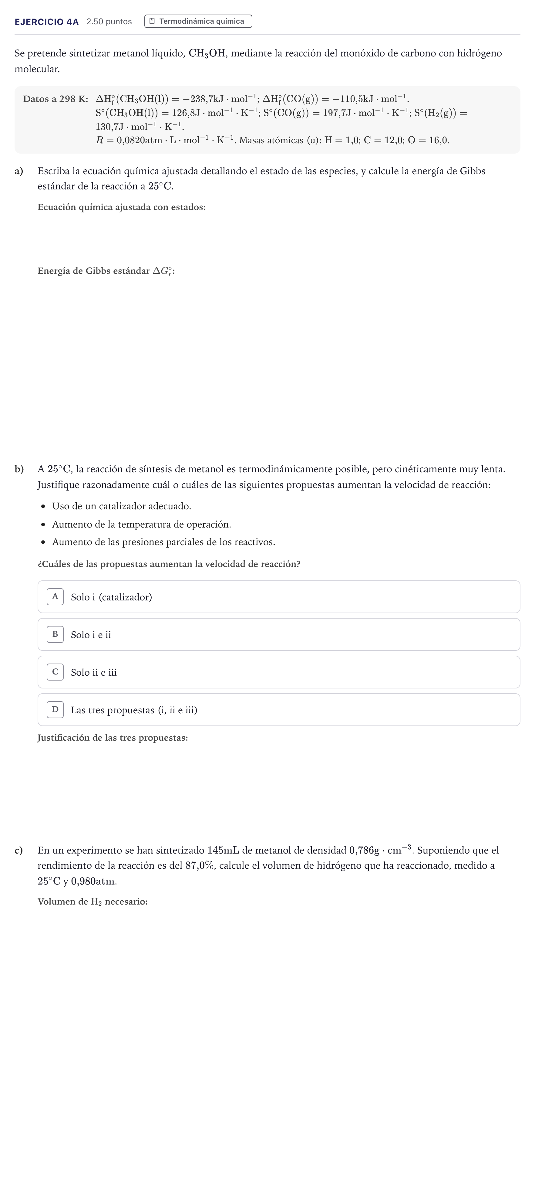 Enunciado: Ejercicio 4A · Química PAU Madrid Ordinaria 2026