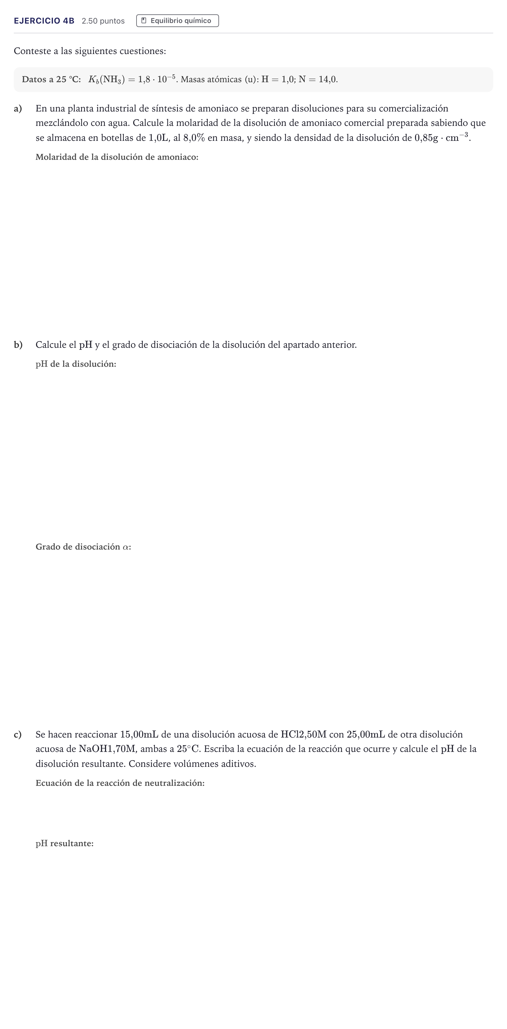 Enunciado: Ejercicio 4B · Química PAU Madrid Ordinaria 2026
