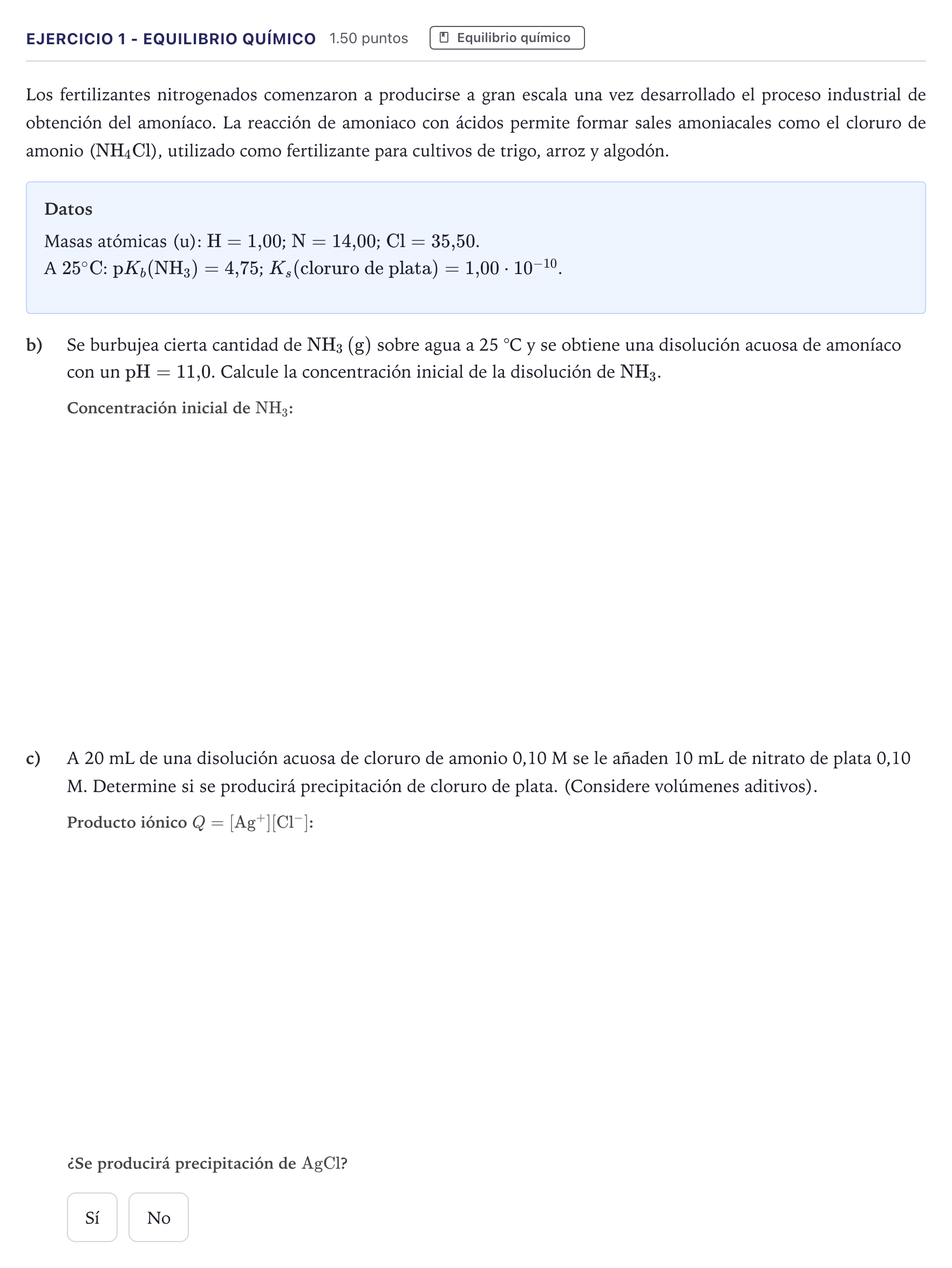 Enunciado: Ejercicio 1 - Equilibrio químico · Química PAU Madrid Ordinaria Coincidencias 2026