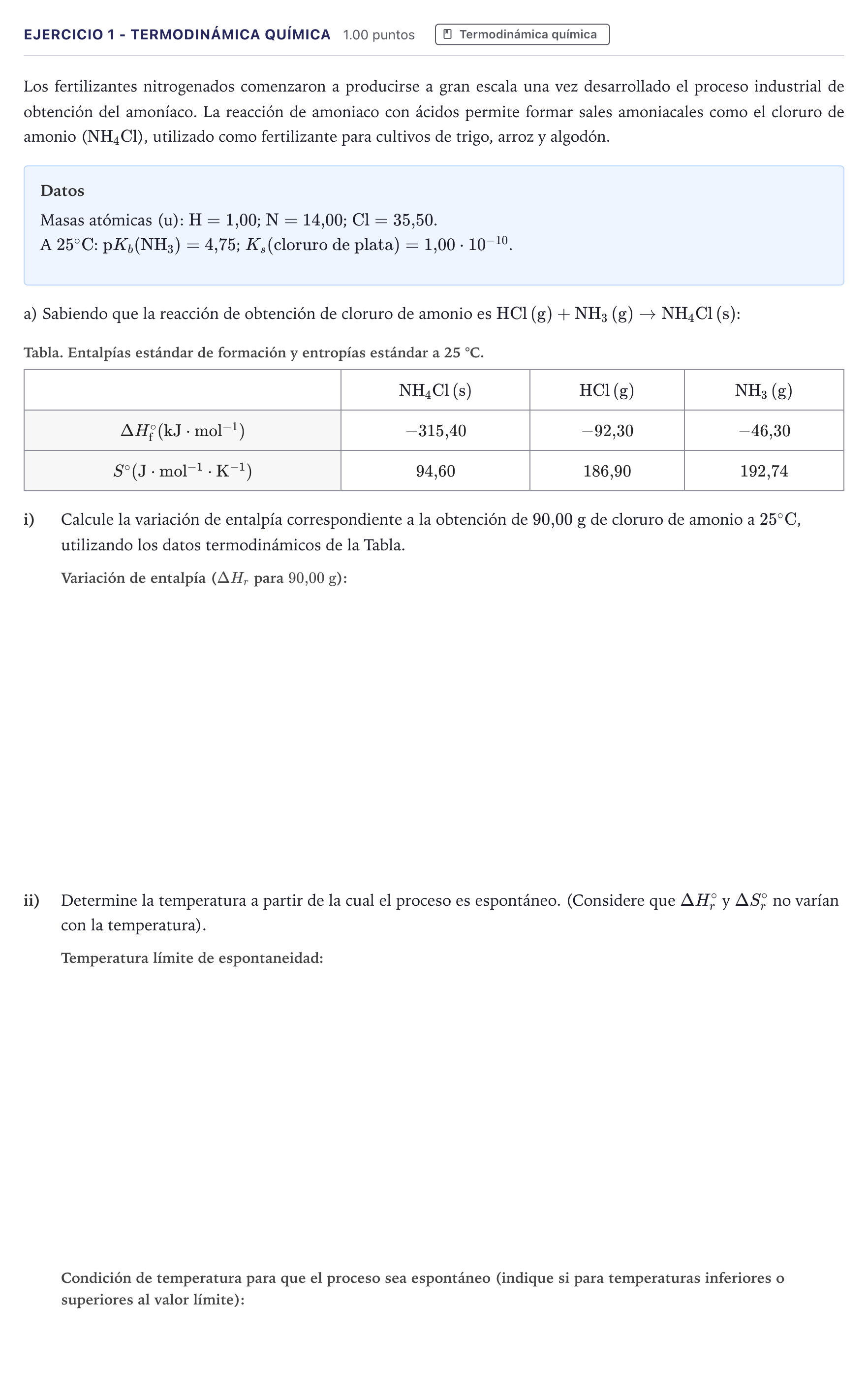 Enunciado: Ejercicio 1 - Termodinámica química · Química PAU Madrid Ordinaria Coincidencias 2026