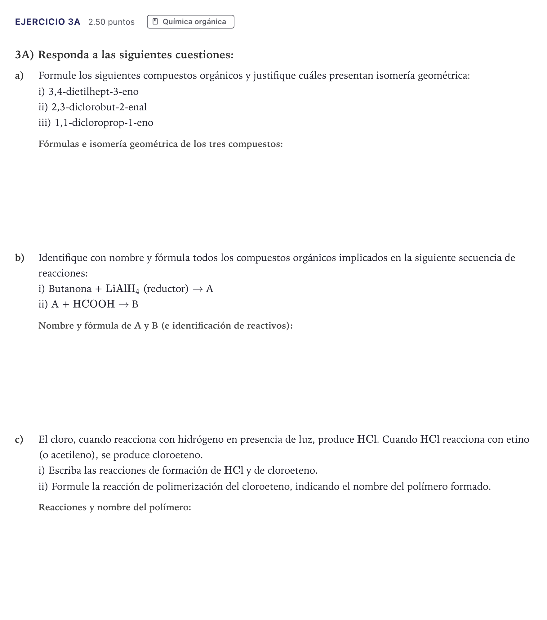 Enunciado: Ejercicio 3A · Química PAU Madrid Ordinaria Coincidencias 2026
