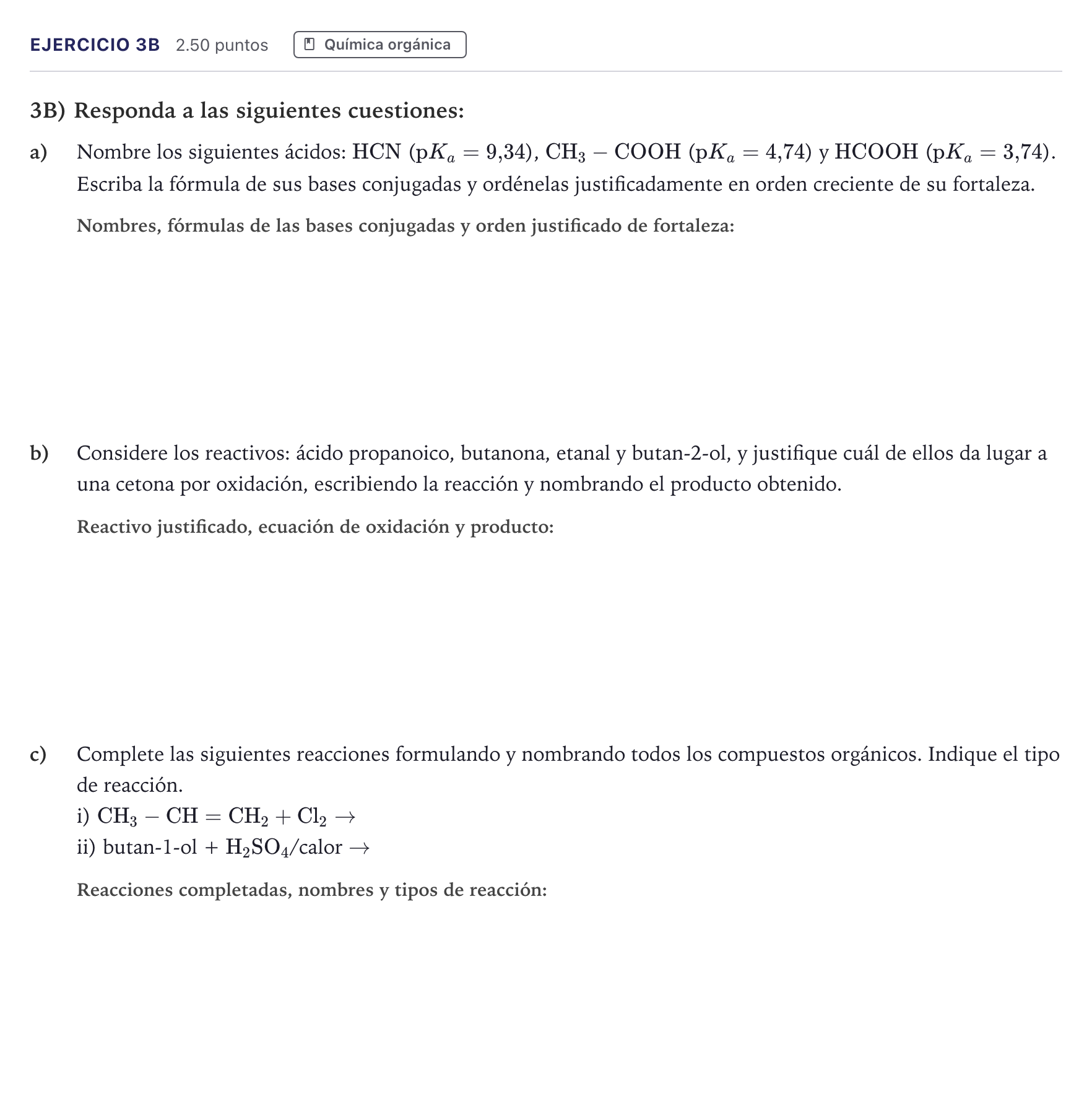 Enunciado: Ejercicio 3B · Química PAU Madrid Ordinaria Coincidencias 2026