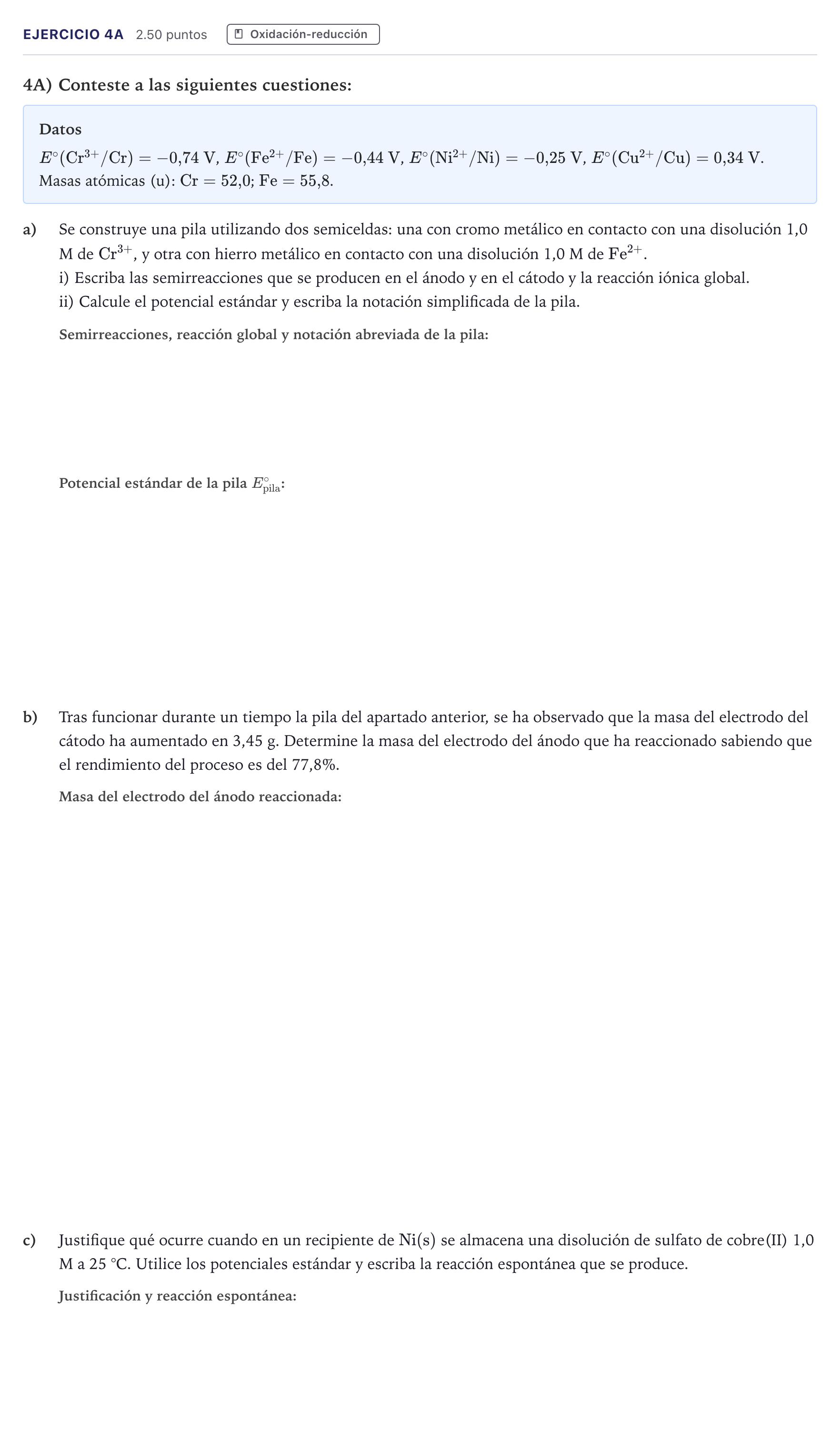 Enunciado: Ejercicio 4A · Química PAU Madrid Ordinaria Coincidencias 2026