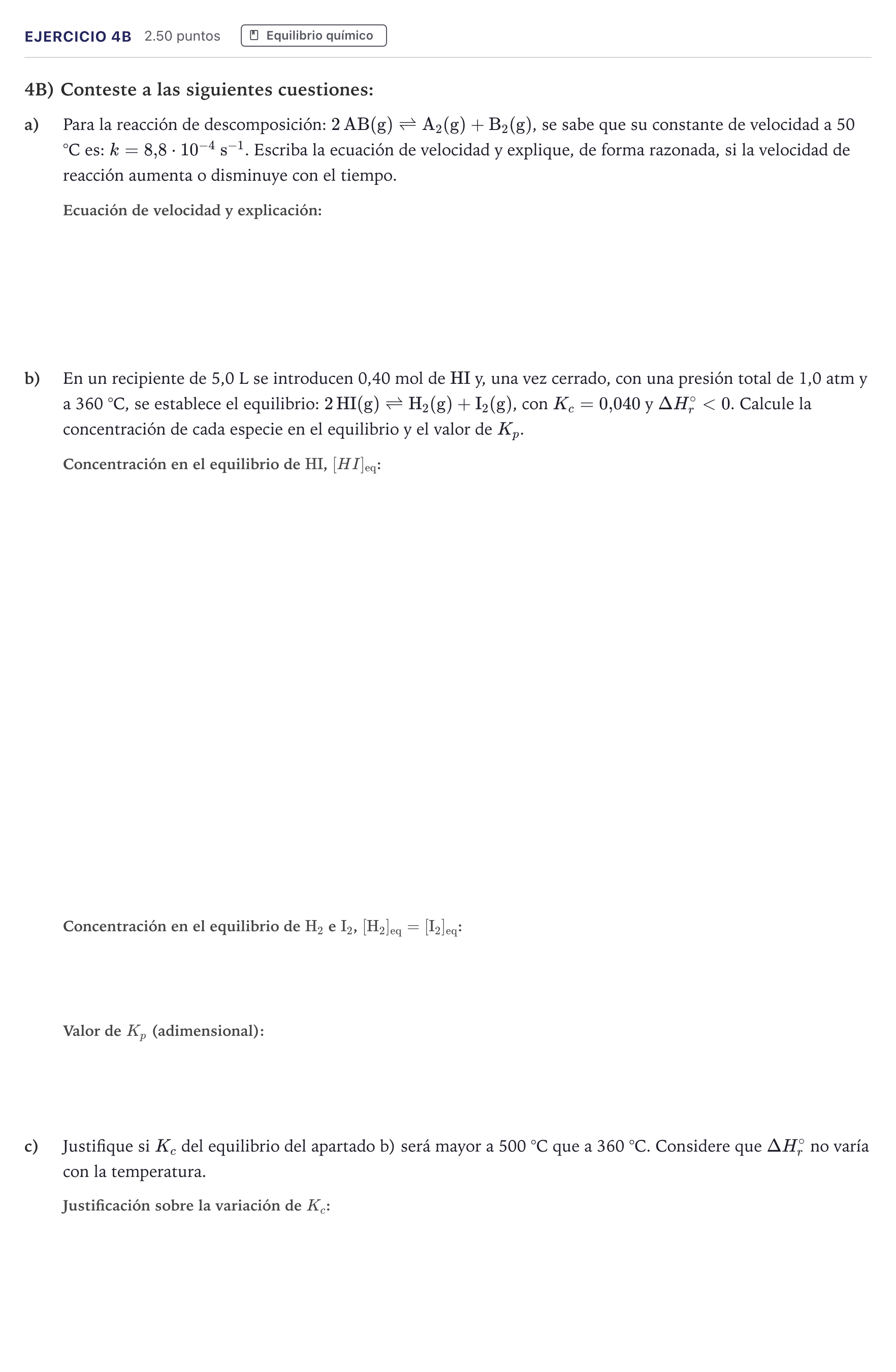 Enunciado: Ejercicio 4B · Química PAU Madrid Ordinaria Coincidencias 2026