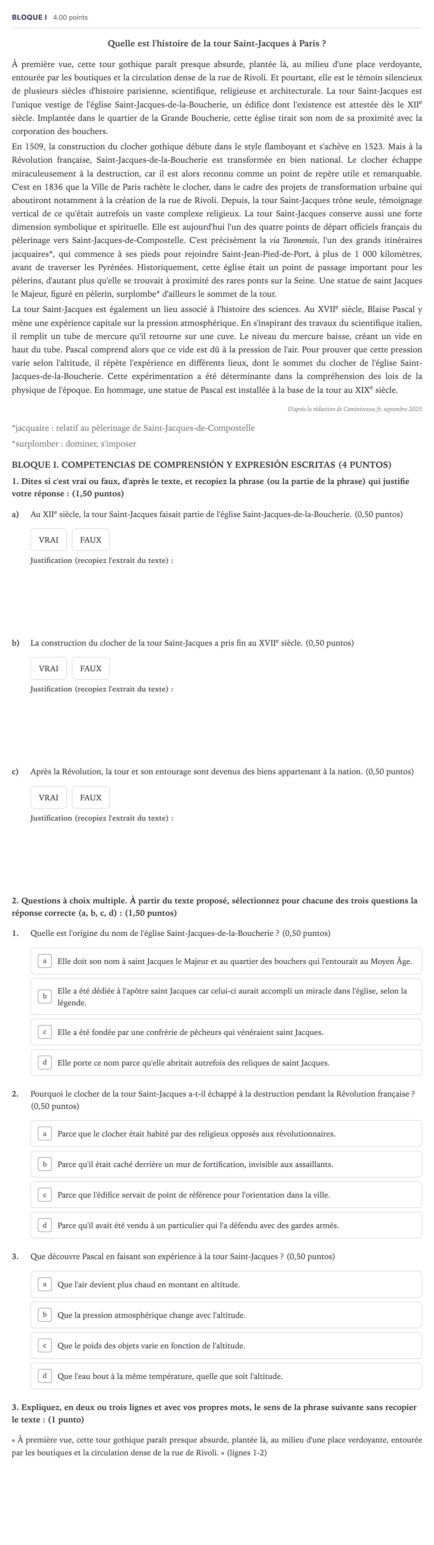 Enunciado: Bloque I · Francés PAU Madrid Ordinaria (2ª lengua) 2026