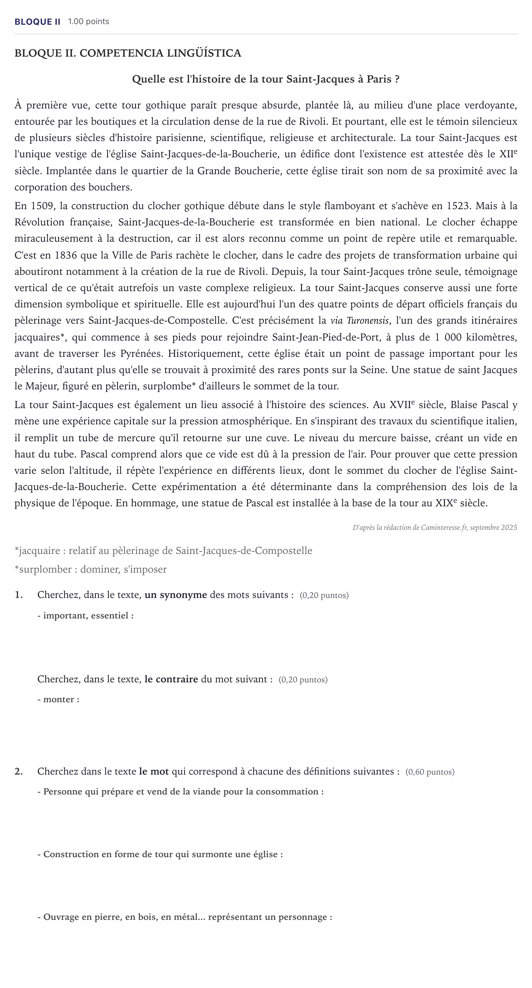 Enunciado: Bloque II · Francés PAU Madrid Ordinaria (2ª lengua) 2026